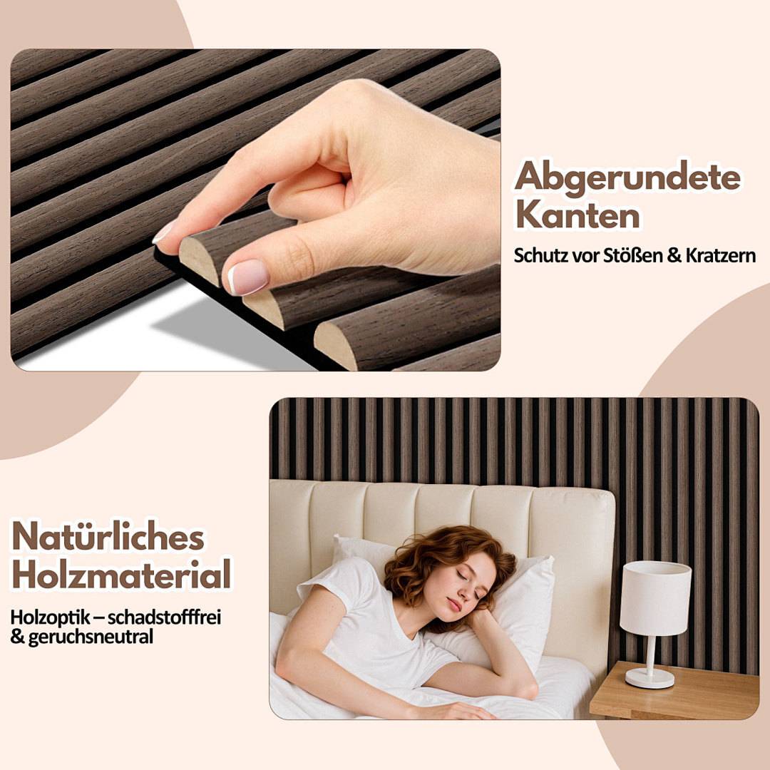 Zwei Bilder: Oben ist eine Hand zu sehen, die abgerundete Holzpaneele berührt, Text lautet ‚Abgerundete Kanten'. Unten sieht man eine Frau auf einem Bett an einer Holzvertäfelung, Text lautet ‚Natürliches Holzmaterial'.