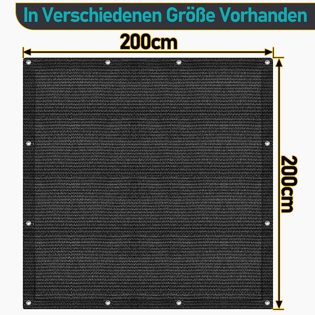 Ein schwarzes Maschentuch mit einer Größe von 200 cm x 200 cm wird mit beschrifteten Abmessungen dargestellt. Ein Banner darüber zeigt die Aufschrift 