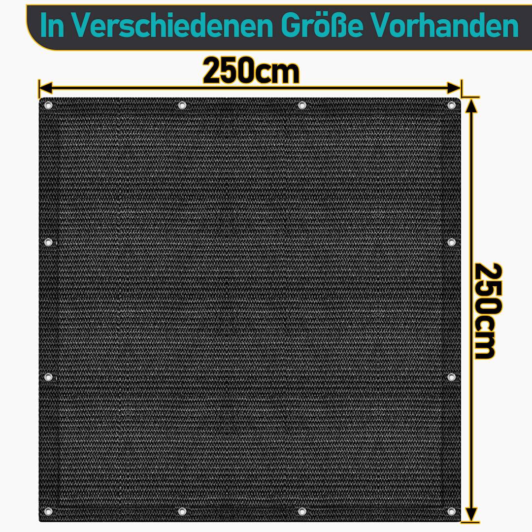Schwarzer rechteckiger Stoffvorhang mit den Maßen 250 cm x 250 cm, mit der Beschriftung 'In Verschiedenen Größe Vorhanden', die die Verfügbarkeit in unterschiedlichen Größen anzeigt.
