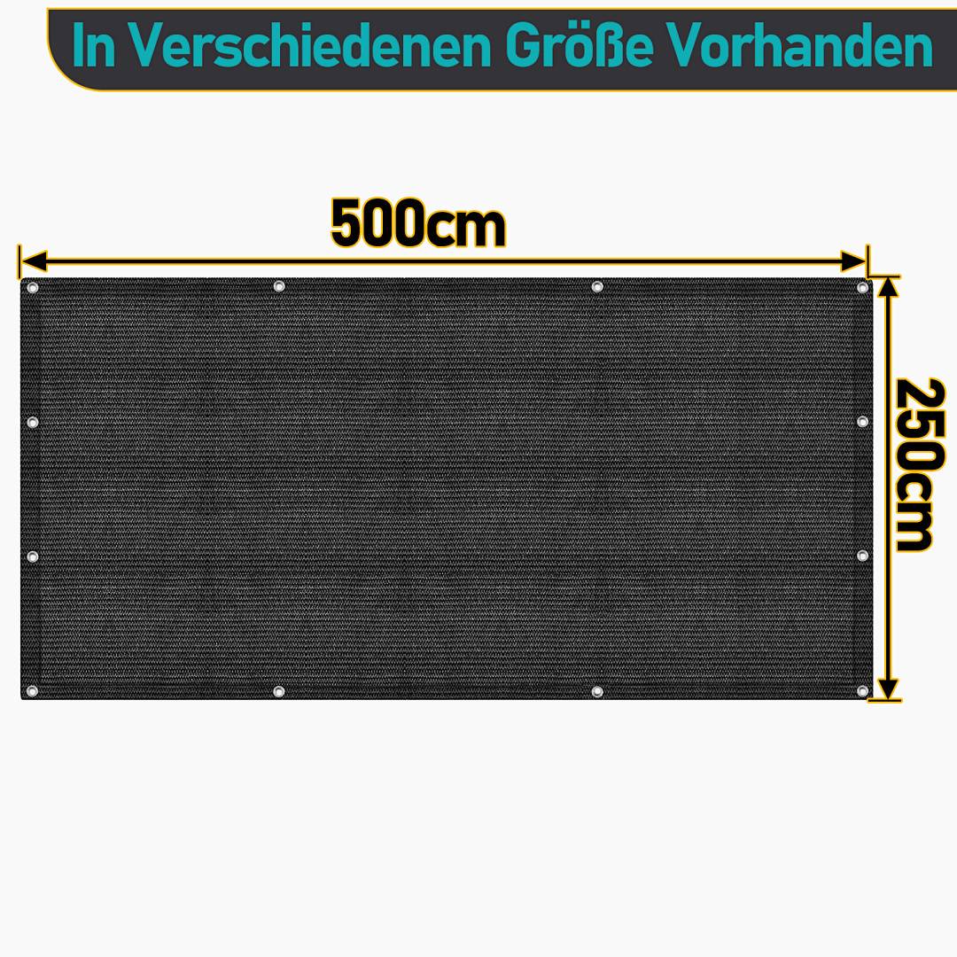 Ein schwarzer rechteckiger Schattenbildschirm wird mit beschrifteten Maßen von 500 cm x 250 cm angezeigt. Der Text darüber besagt: 