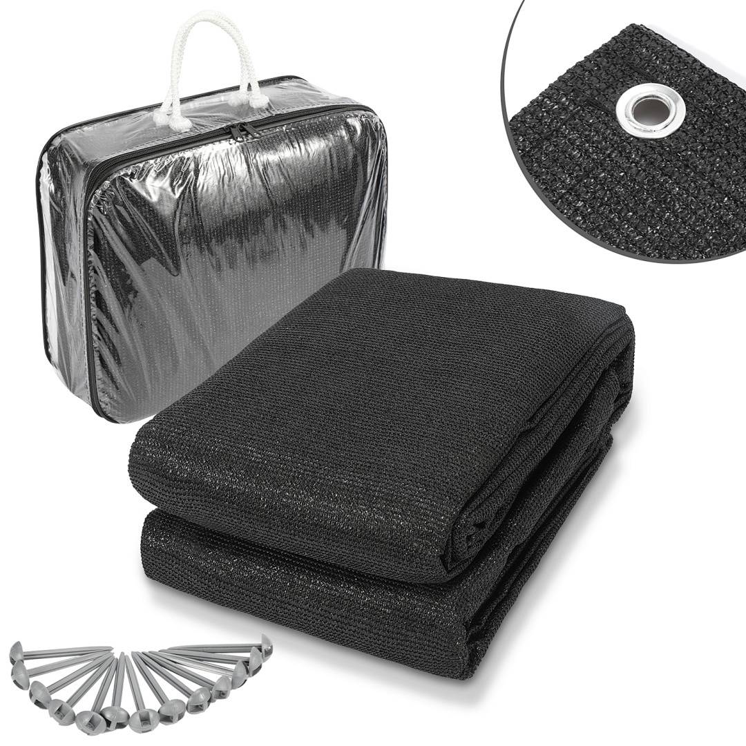 Schwarzes Schattierungsgewebe mit Ösen, einem Aufbewahrungsbeutel und Gartenhaken präsentiert. Entwickelt zum Schutz von Pflanzen und als Sonnenschutz in Gärten.
