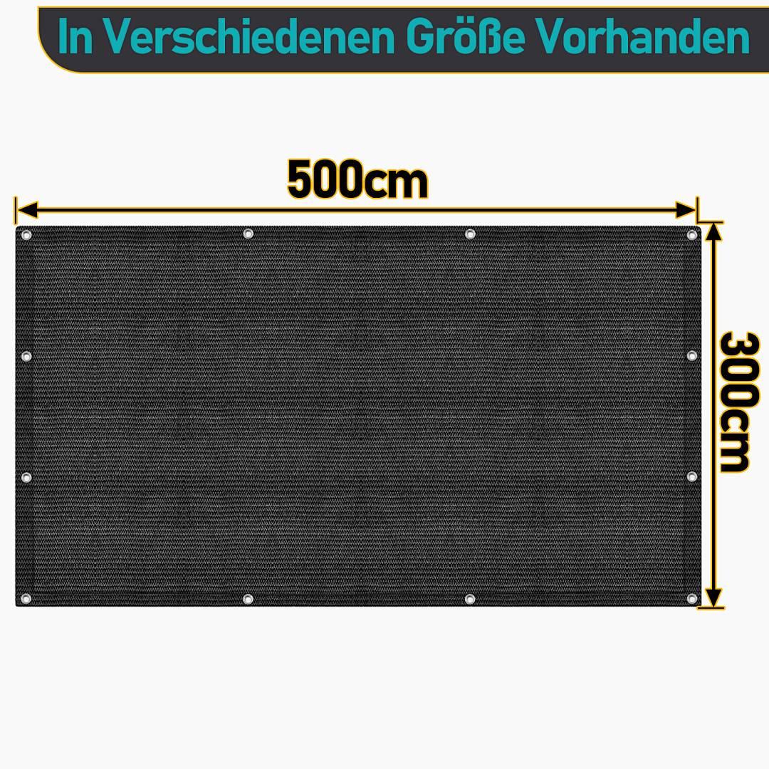 Ein schwarzer rechteckiger Plane, der 500 cm × 300 cm misst. Der Text darüber besagt: 