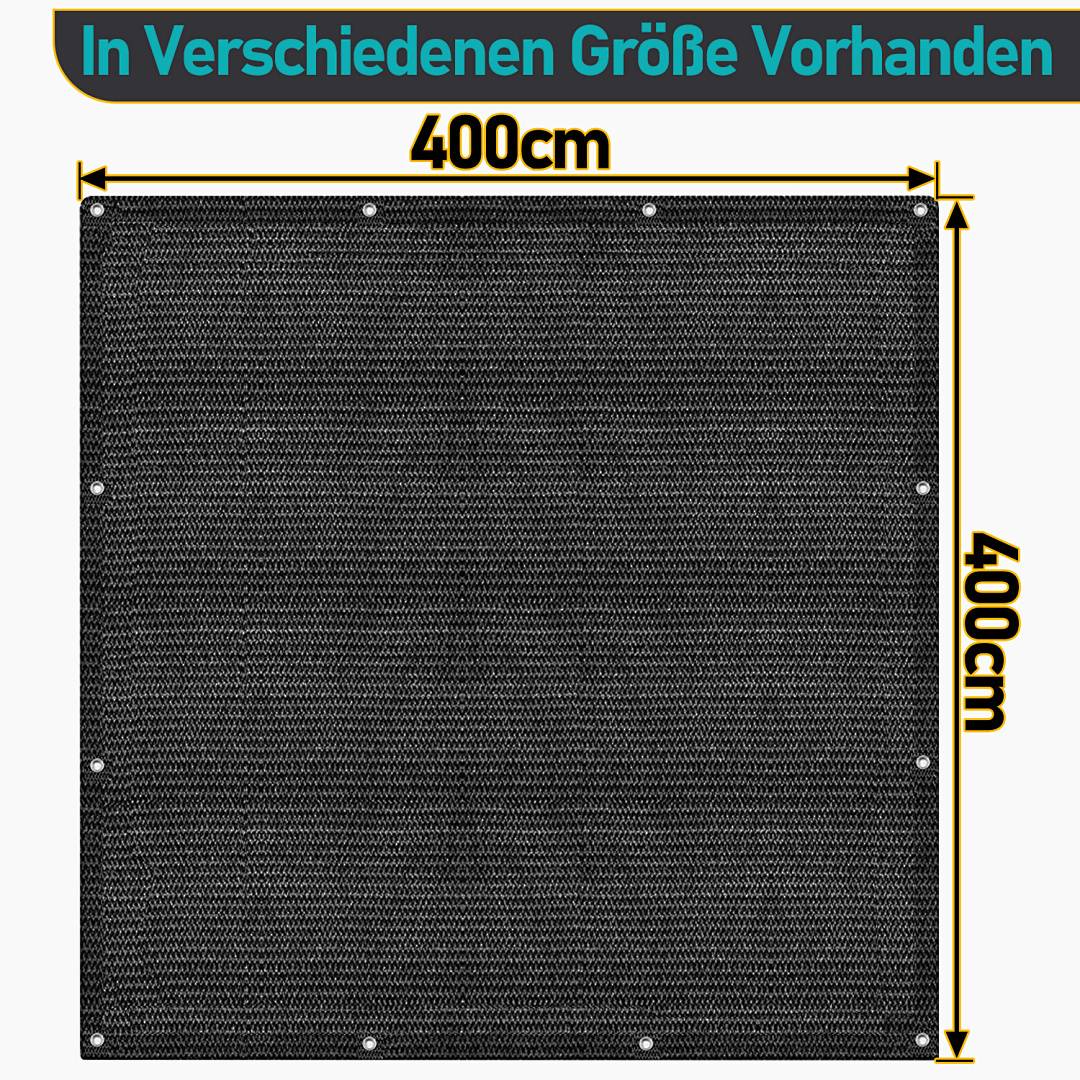 Ein schwarzes Quadratisches Gitternetz-Plane mit Maßen von 400cm x 400cm wird gezeigt, mit dem deutschen Text „In Verschiedenen Größen Vorhanden.