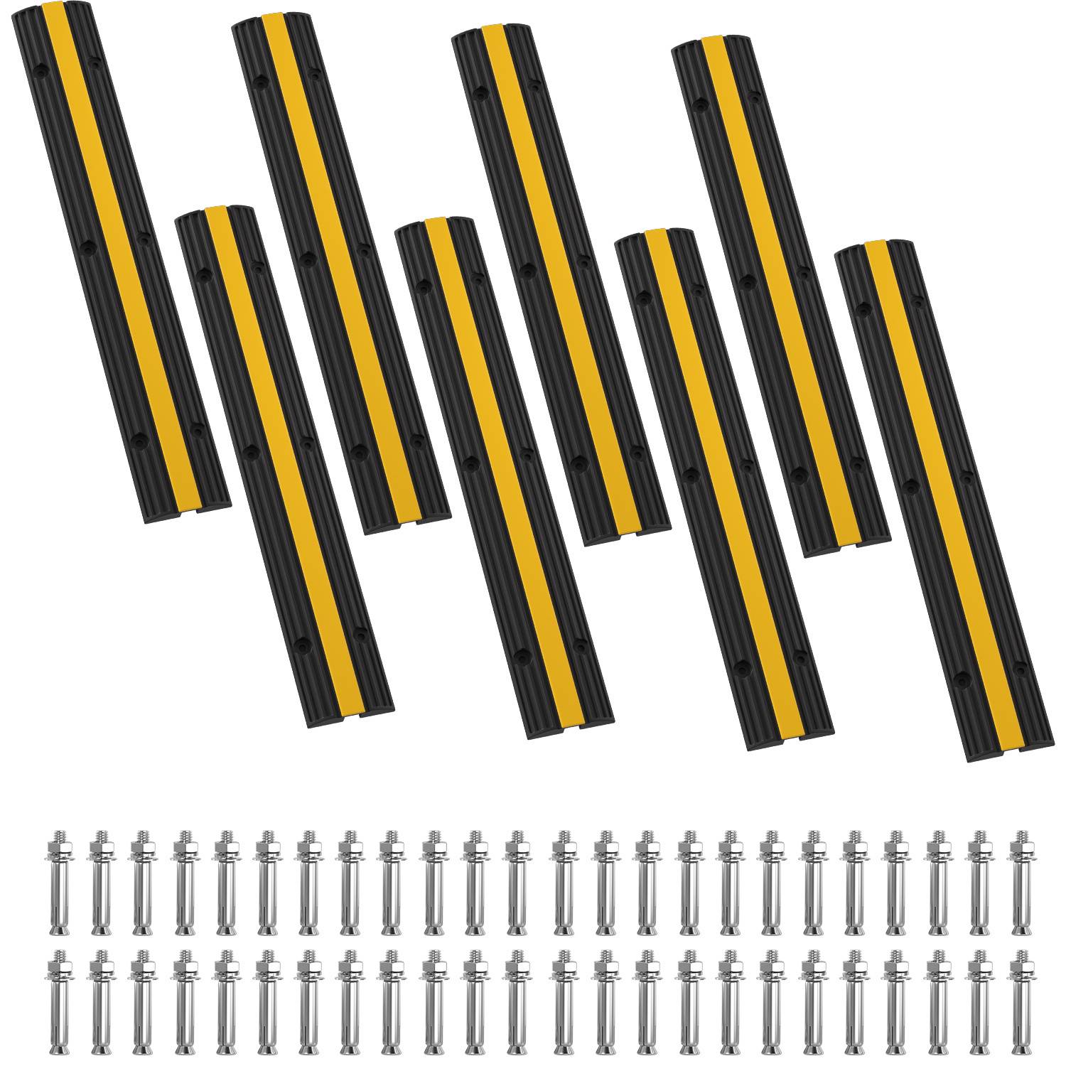 Acht gelbe und schwarze Bodenschwellen, diagonal angeordnet mit einer Reihe von Bolzen darunter, werden zur Verkehrsberuhigung auf Parkplätzen oder Straßen verwendet.
