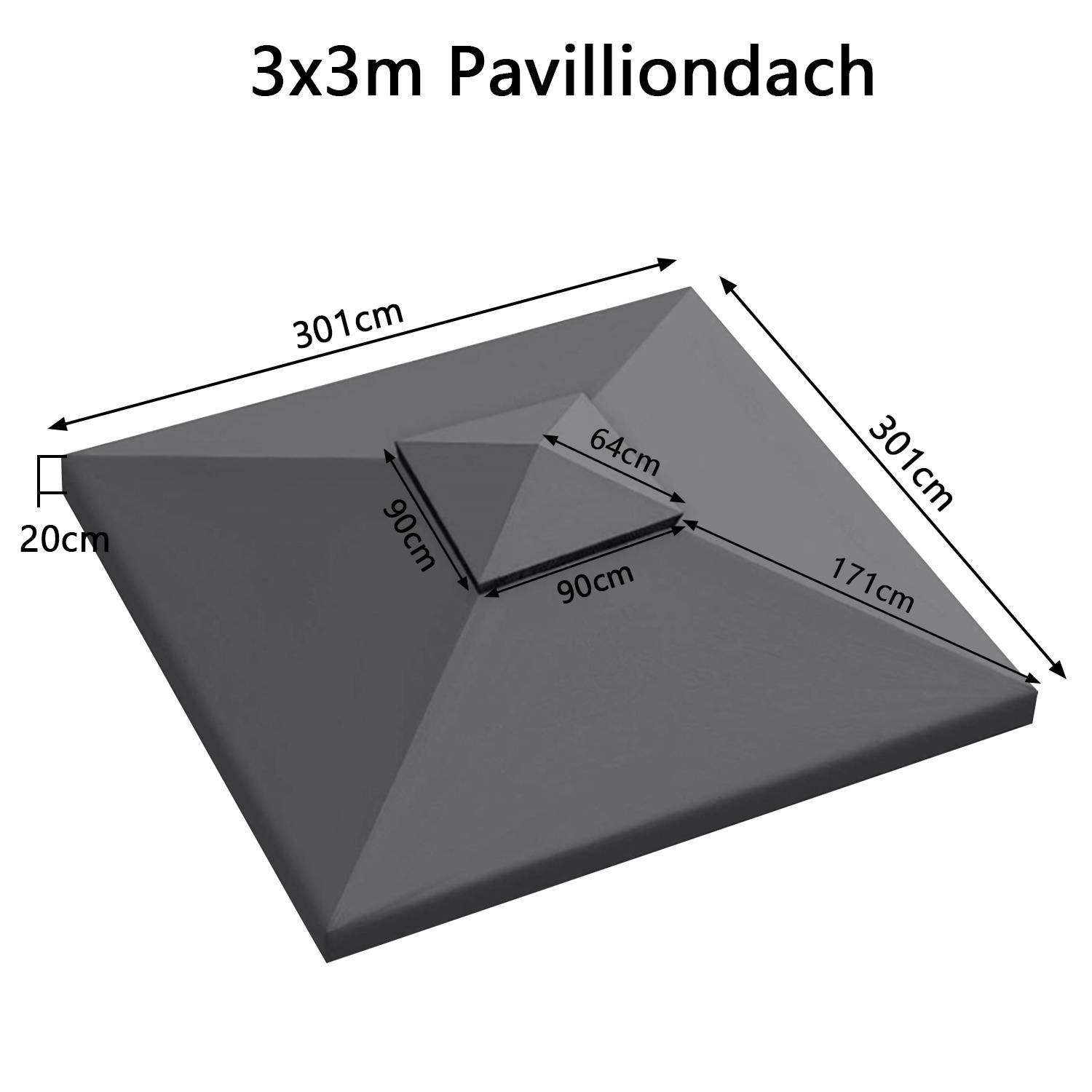 3x3m Pavillondach' über einer Skizze, die ein quadratisches Pavillon-Dach mit beschrifteten Abmessungen zeigt: 301 cm Seitenlänge, 64 cm Breite oben, 20 cm Höhe.