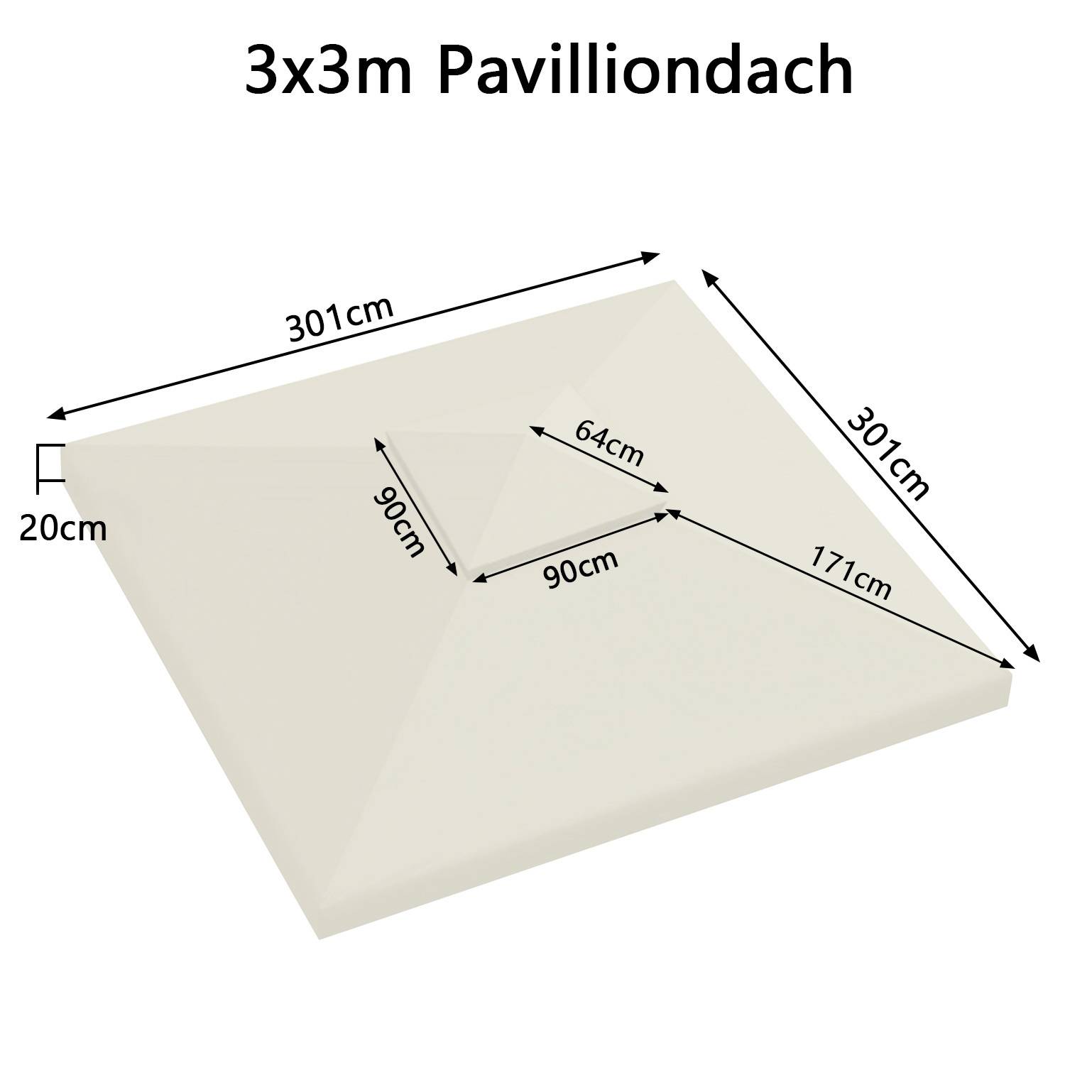 3x3m Pavillondach' Diagramm mit Abmessungen: 301 cm Seitenlängen, 171 cm Diagonale und 20 cm Höhe. Enthält interne Maße von 64 cm und 90 cm.