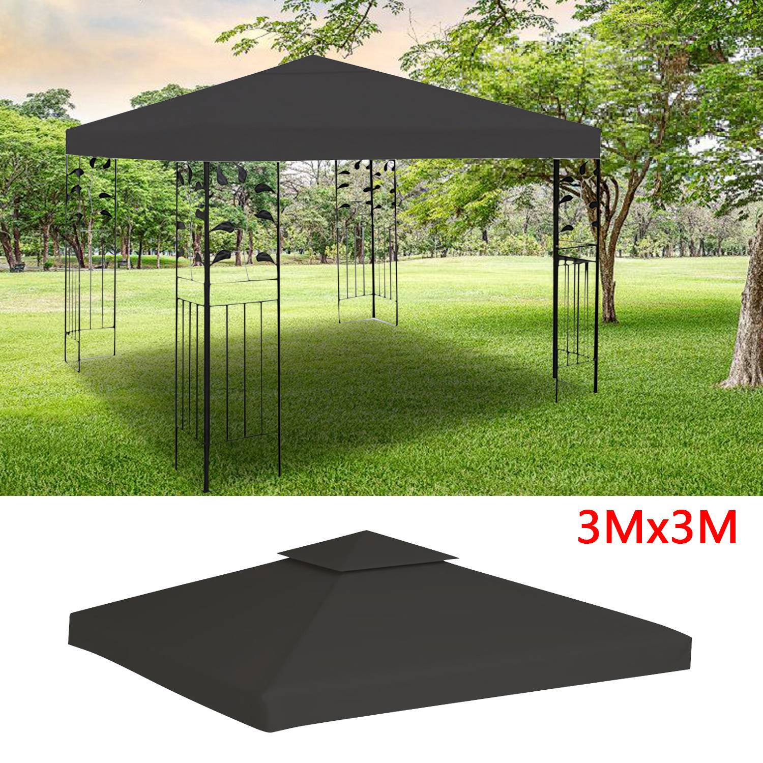 Ein schwarzer Metallpavillon mit Dach steht in einem grasbedeckten Park mit Bäumen. Eine Skizze zeigt die Abmessungen des Pavillons mit 3x3 Metern.