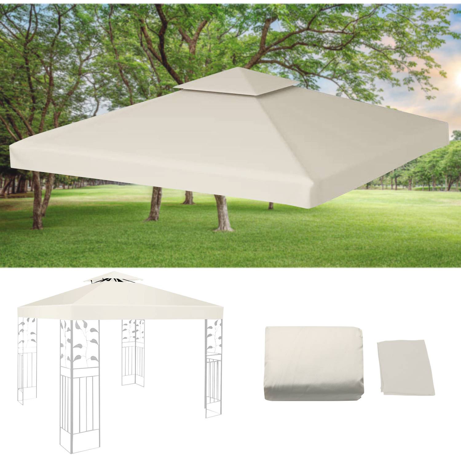 Ein Pavillon mit einem weißen Baldachin, der in einem grasbedeckten Park mit Bäumen steht. Eine isolierte Ansicht desselben Baldachins und seiner Komponenten, die unten dargestellt sind.