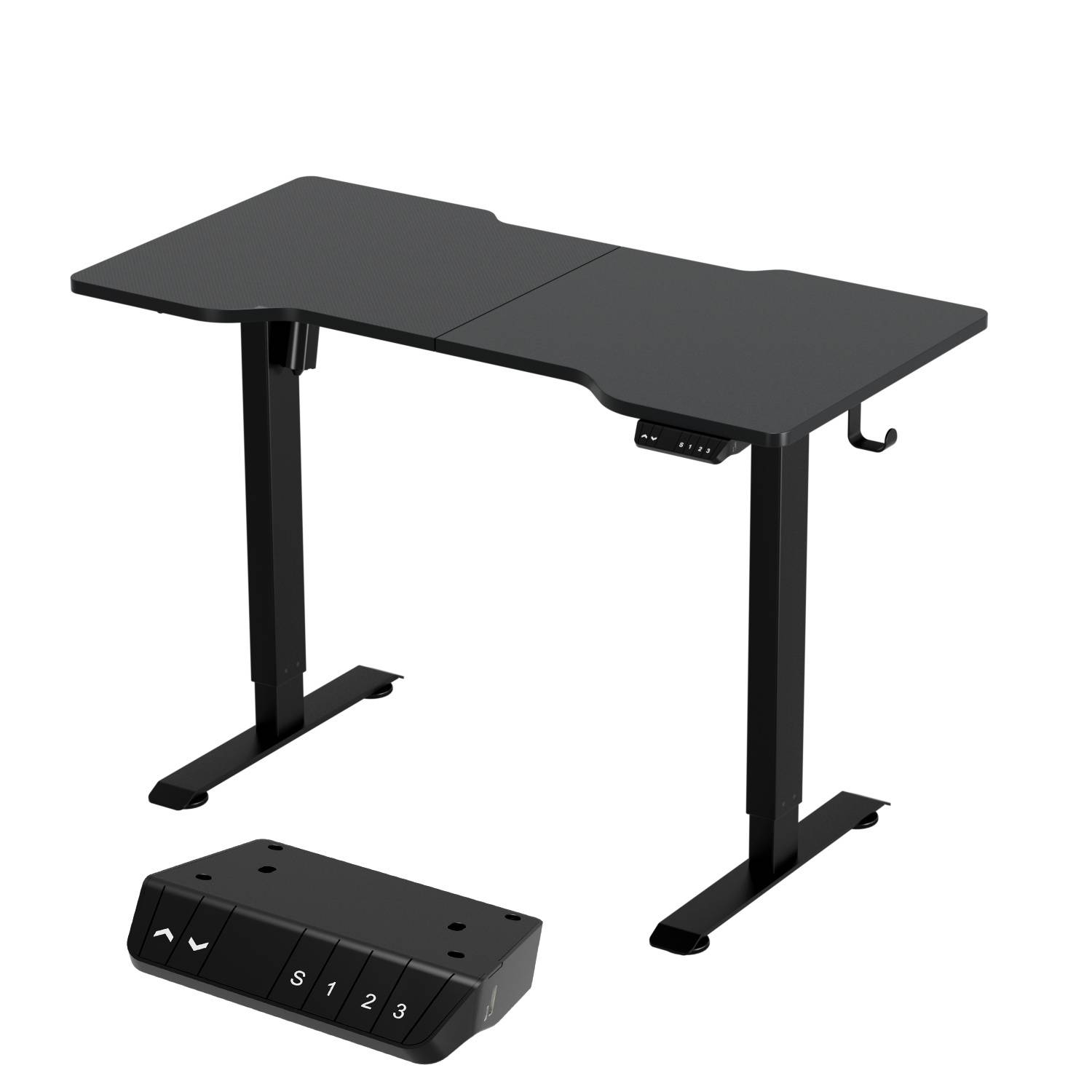 Ein verstellbarer schwarzer Stehschreibtisch mit einer digitalen Höheneinstellungskonsole, ausgestattet mit Speichervoreinstellungen, die mit ‚1', ‚2' und ‚3' gekennzeichnet sind.