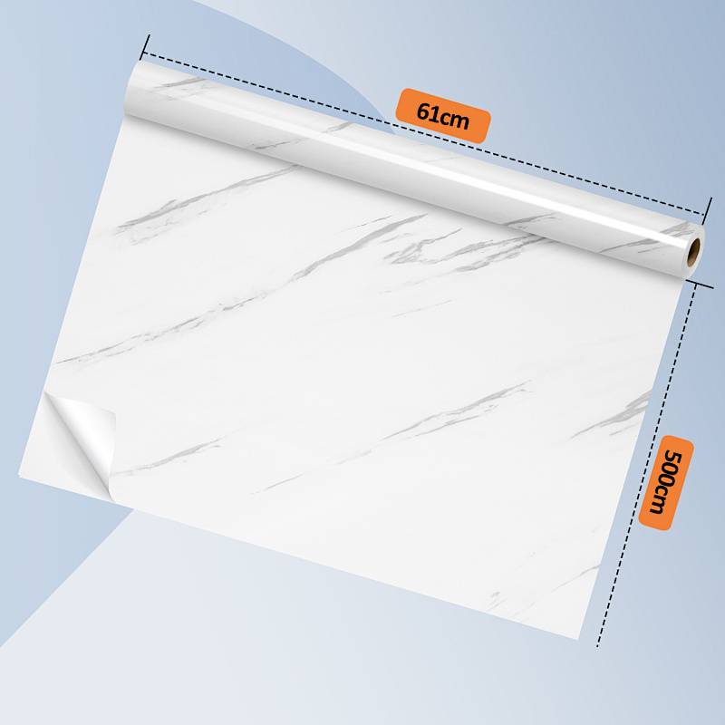 Eine Rolle Tapete mit weißem Marmordessin, mit Abmessungen: 61 cm breit und 500 cm lang.