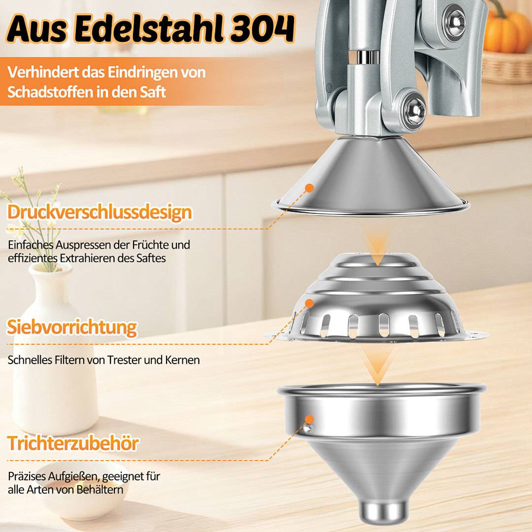 Entsafter-Komponentendiagramm: Trichter aus Edelstahl, verstellbares Sieb zur Samenfilterung und Druckverschlusssystem für effiziente Saftextraktion.