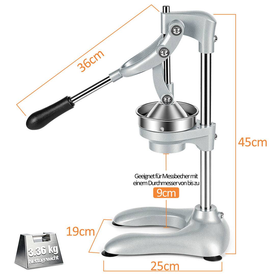 Ein manueller Zitrusentsafter mit Hebelmechanismus, Edelstahlkegel und Messmarkierungen. Er ist 45 cm hoch und hat einen Durchmesser von 9 cm.