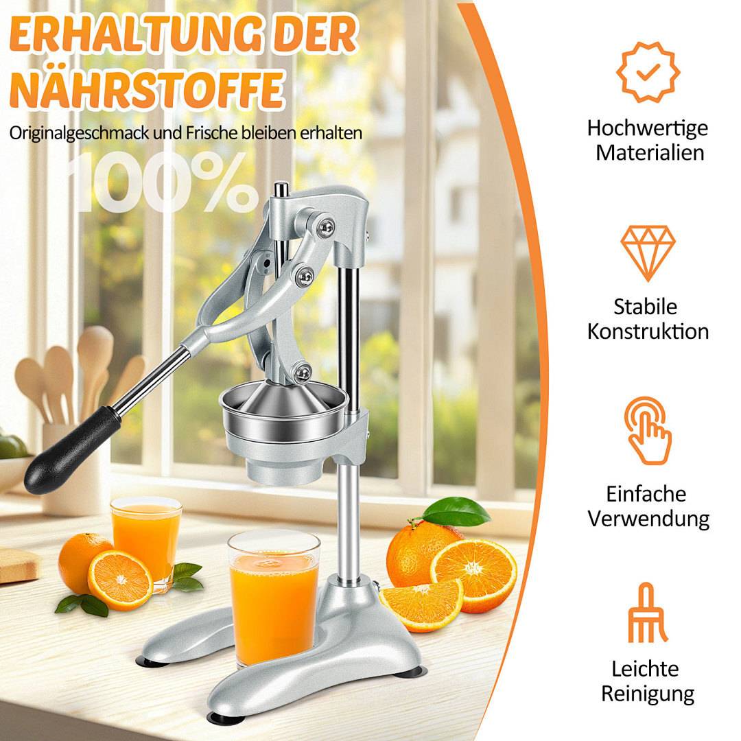 Ein Metall-Zitrusauspressen auf einem Holztisch, umgeben von frischen Orangen und Gläsern Saft. Der Text hebt seine Qualität und einfache Handhabung hervor.