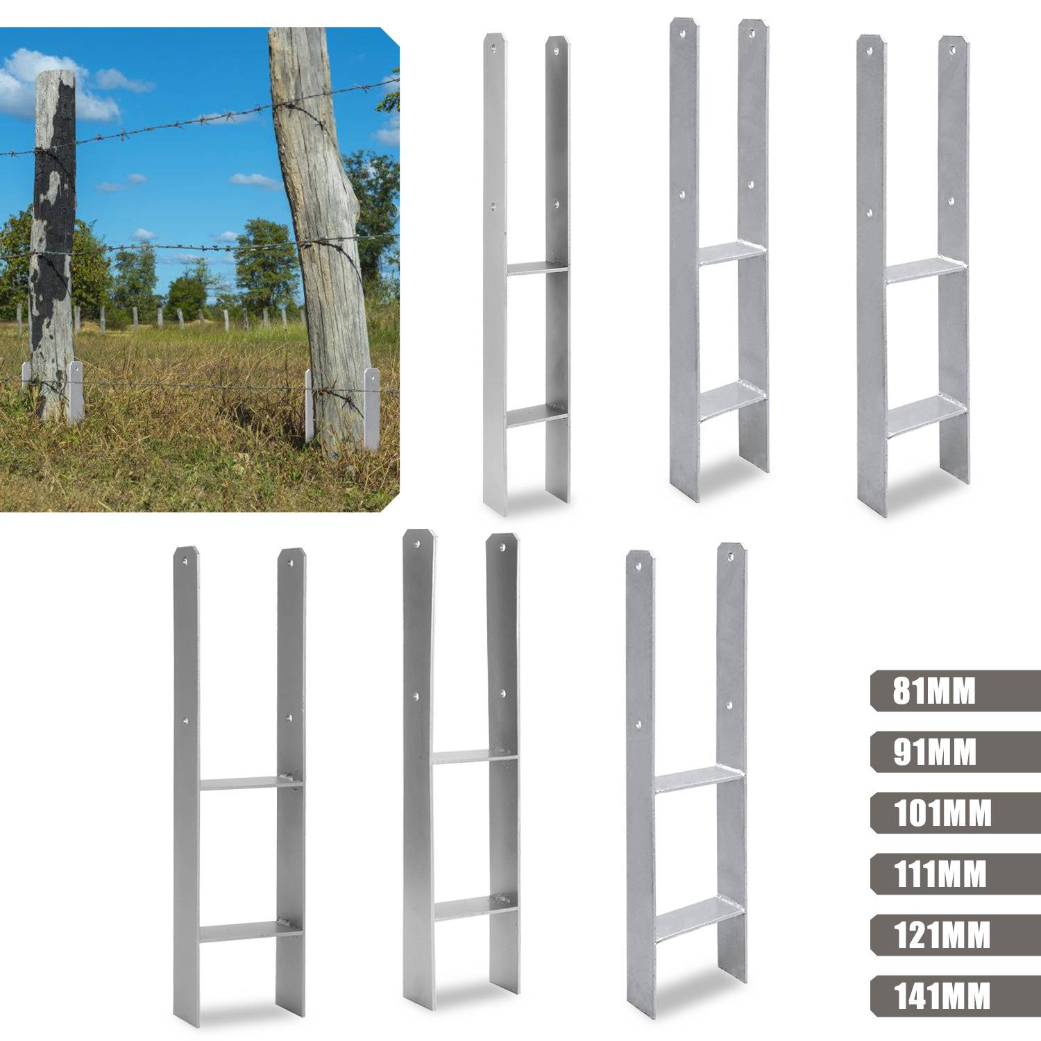 Reparaturbügel für Stacheldrahtzäune mit einem Foto eines schiefen hölzernen Zaunpfostens und mehreren beschrifteten Metallstützgrößen von 81 mm bis 141 mm.