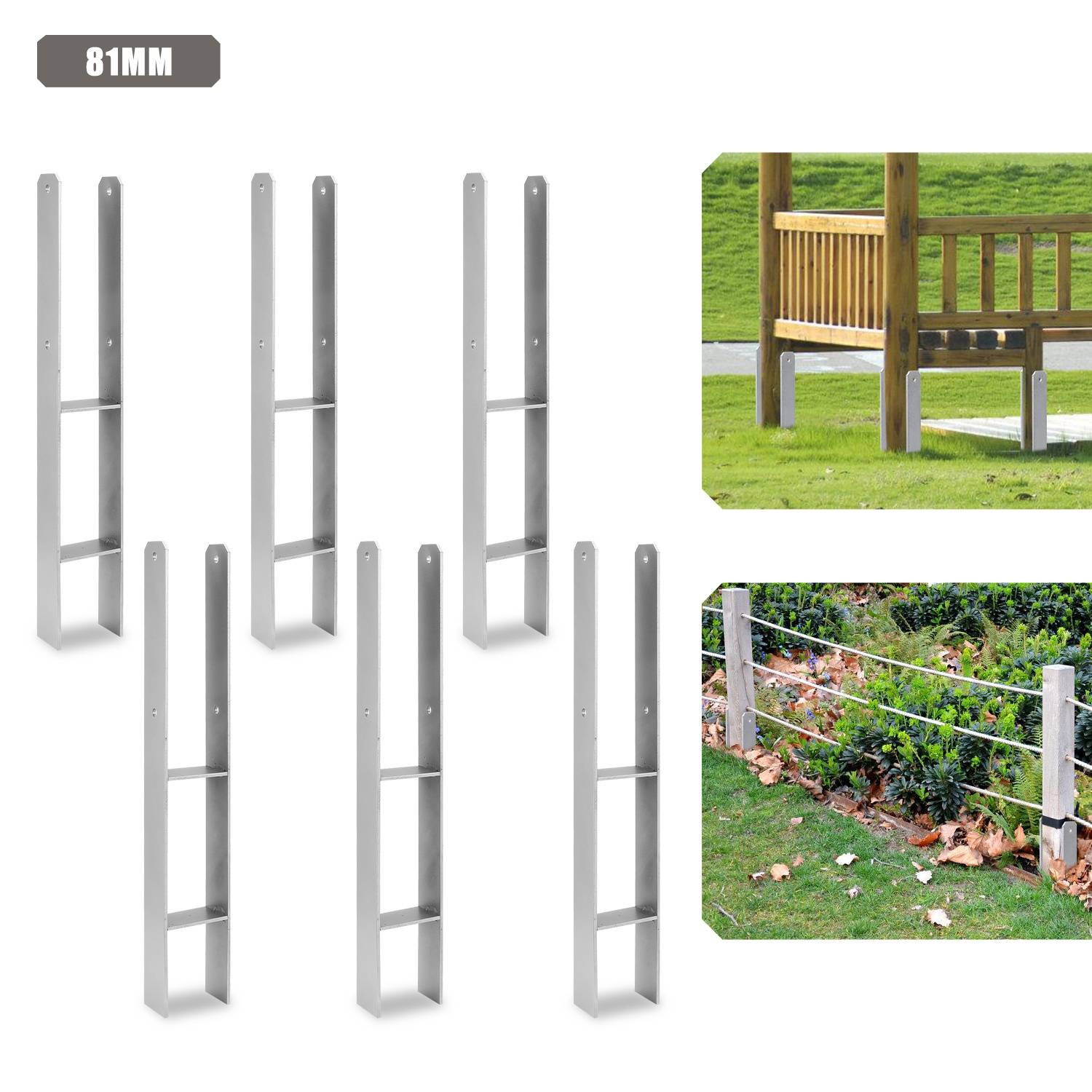 Satz von 81 mm Edelstahl-Zaun- oder Bankhaltern in sechs Größen, mit Anwendungsbeispielen auf einer Holzbank und einem Draht-Gartenzaun.