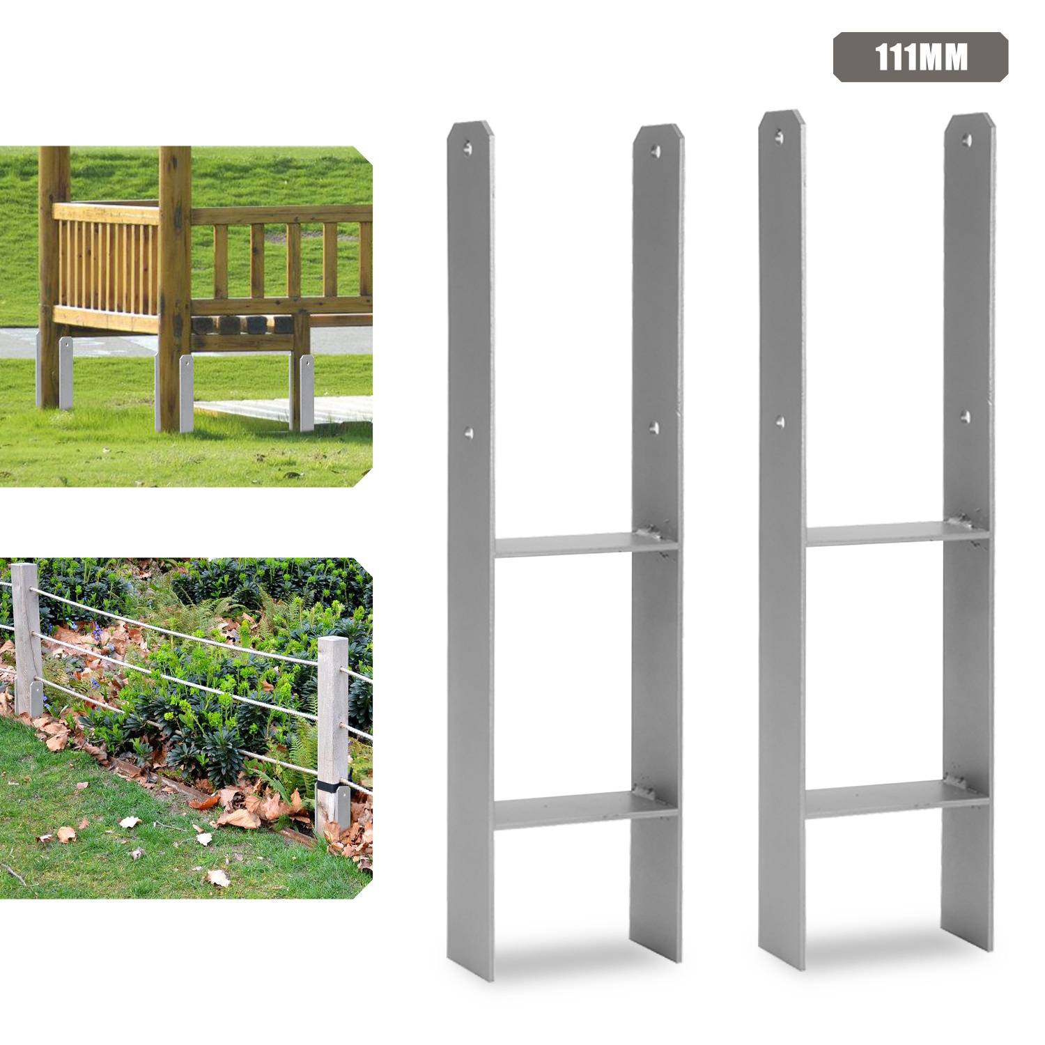 Zwei Metallzaunpfostenhalterungen werden neben Bildern eines Holzzauns und eines Kabelzauns gezeigt, was die Kompatibilität mit beiden Designs anzeigt.