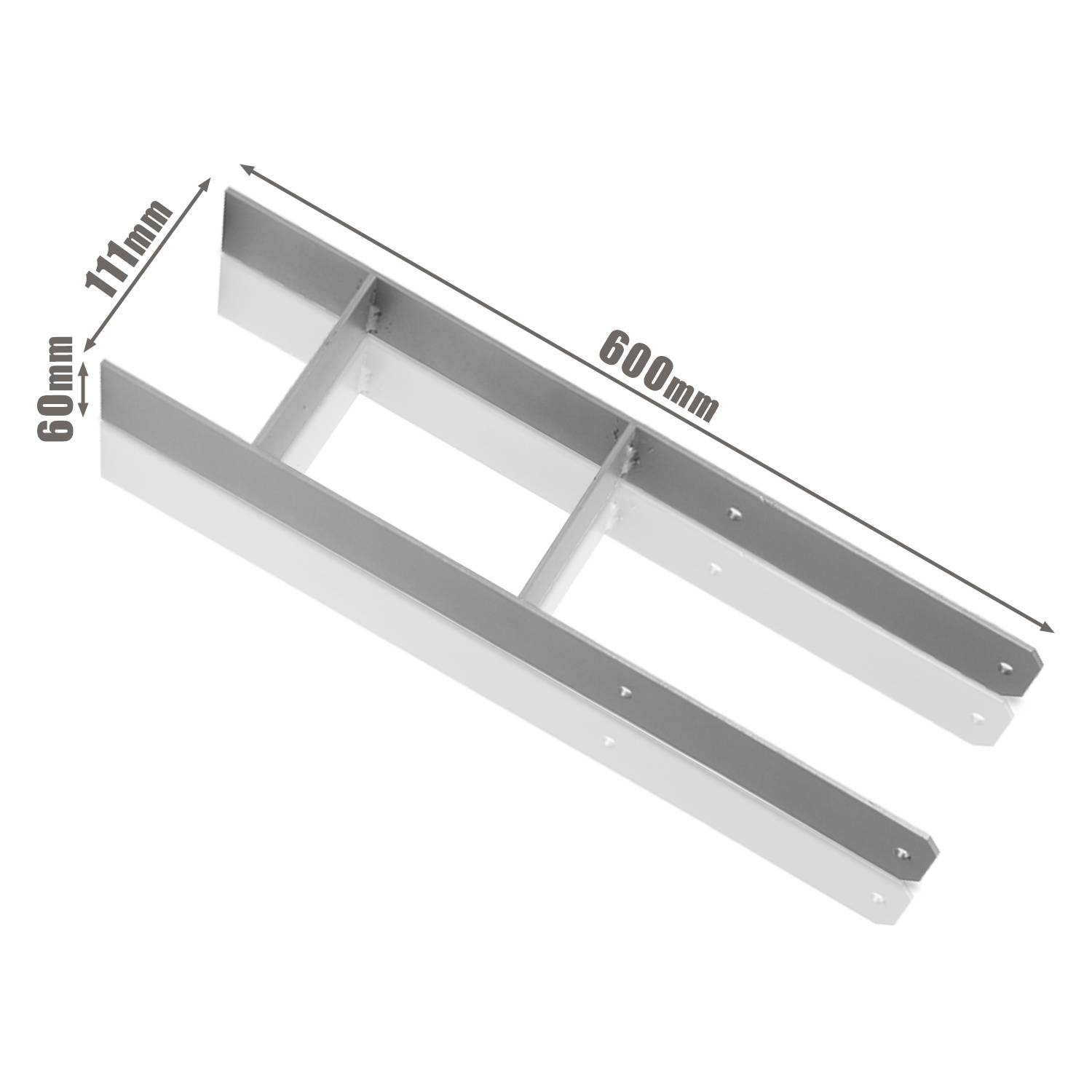 Metallbefestigungsabmessungen: 600 mm Länge, 117 mm Breite, 60 mm Tiefe.