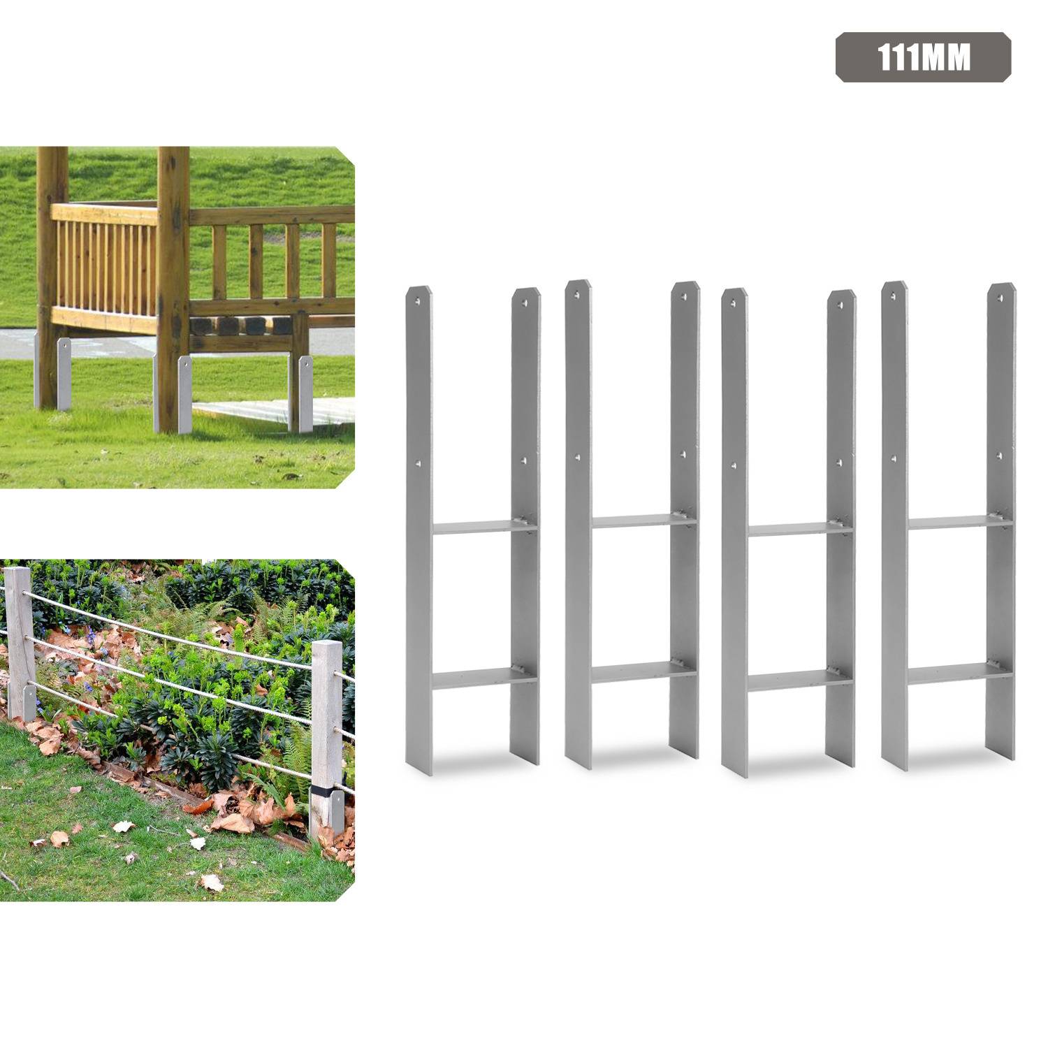 111MM' Zaunkomponenten, dargestellt in zwei Installationen: Holzzaunpfosten mit Bank und Metallzaun mit Drahtgeflecht und Grünpflanzen. Metallpfosten werden gezeigt.