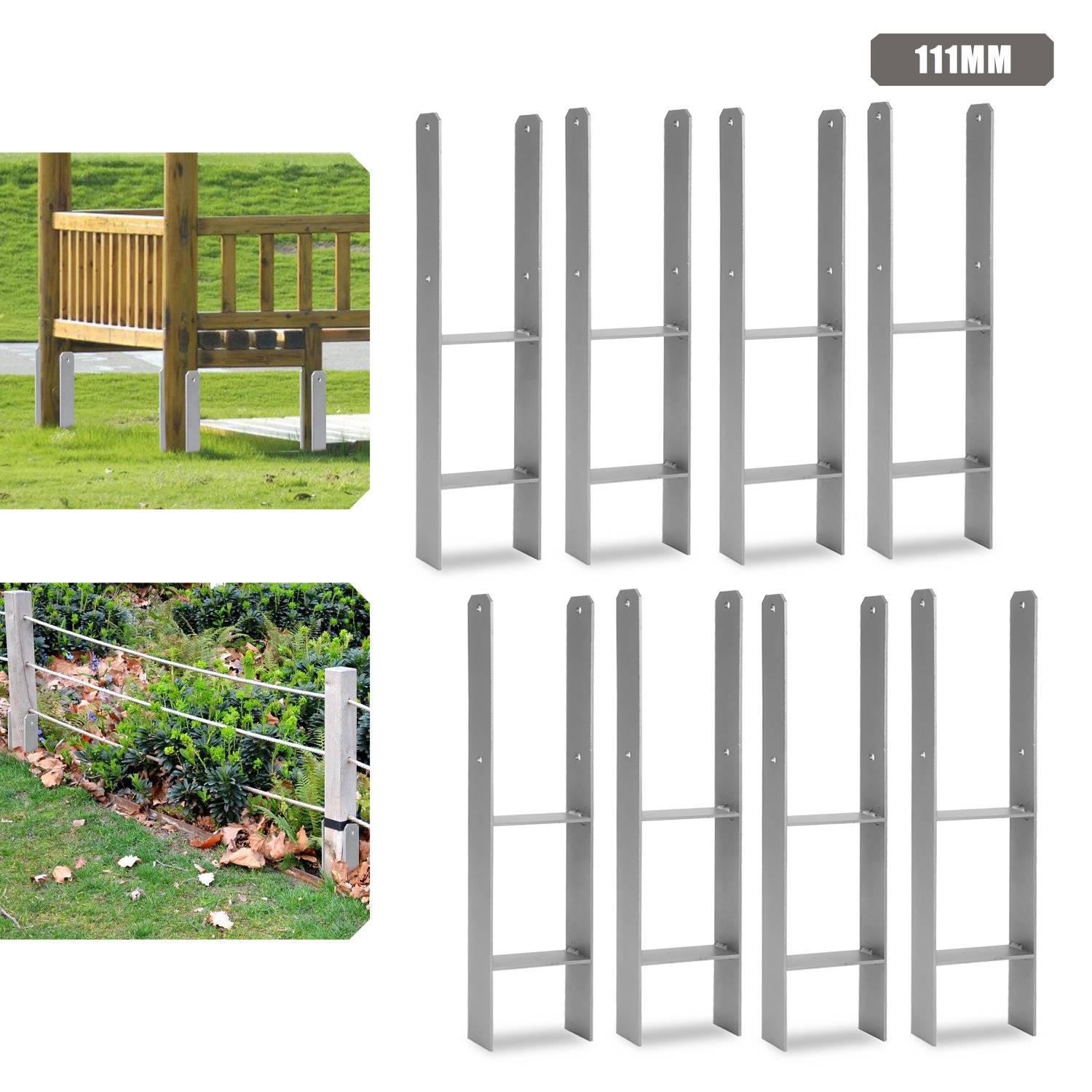 111MM' Aluminium-Zaunbarrieresystem, das in einer grasbewachsenen Außenumgebung gezeigt wird und seine Verwendung als Gartenzaun und in der Nähe eines Sitzbereichs demonstriert.