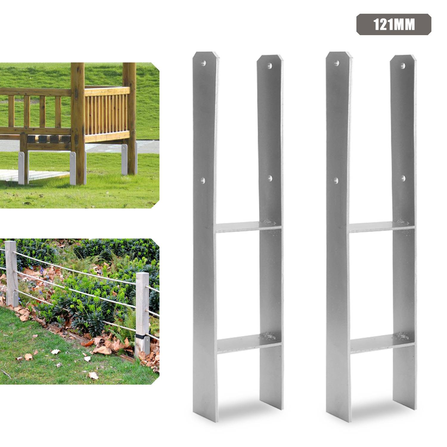 Metallzaunpfähle dargestellt mit Bildern eines Holzzauns und eines Drahtzauns. Text zeigt '121MM', was auf Größe oder Abstand hinweist.