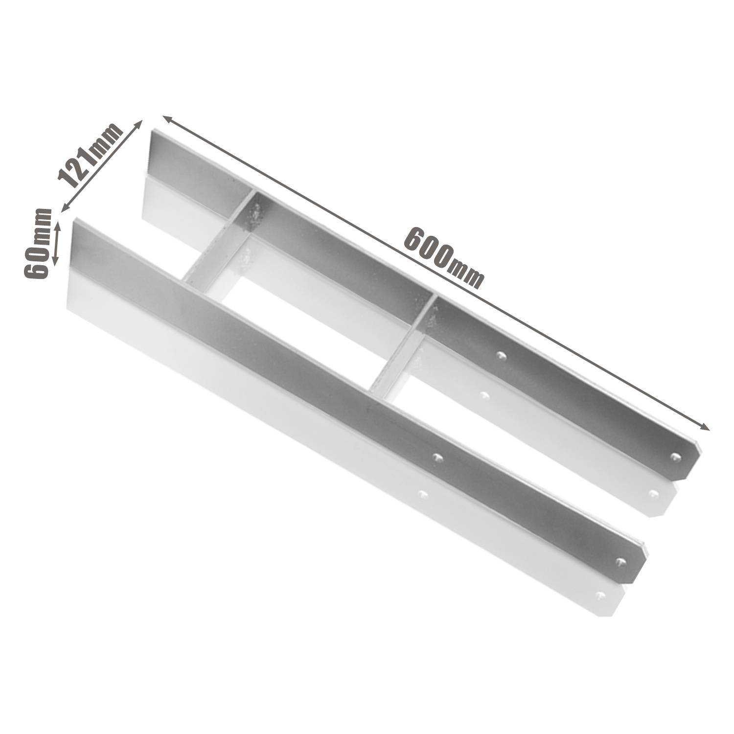 Metallwinkel mit drei Löchern auf jeder Seite, Abmessungen beschriftet: 600 mm Länge, 121 mm Breite, 60 mm Höhe, aus einem Blickwinkel betrachtet.