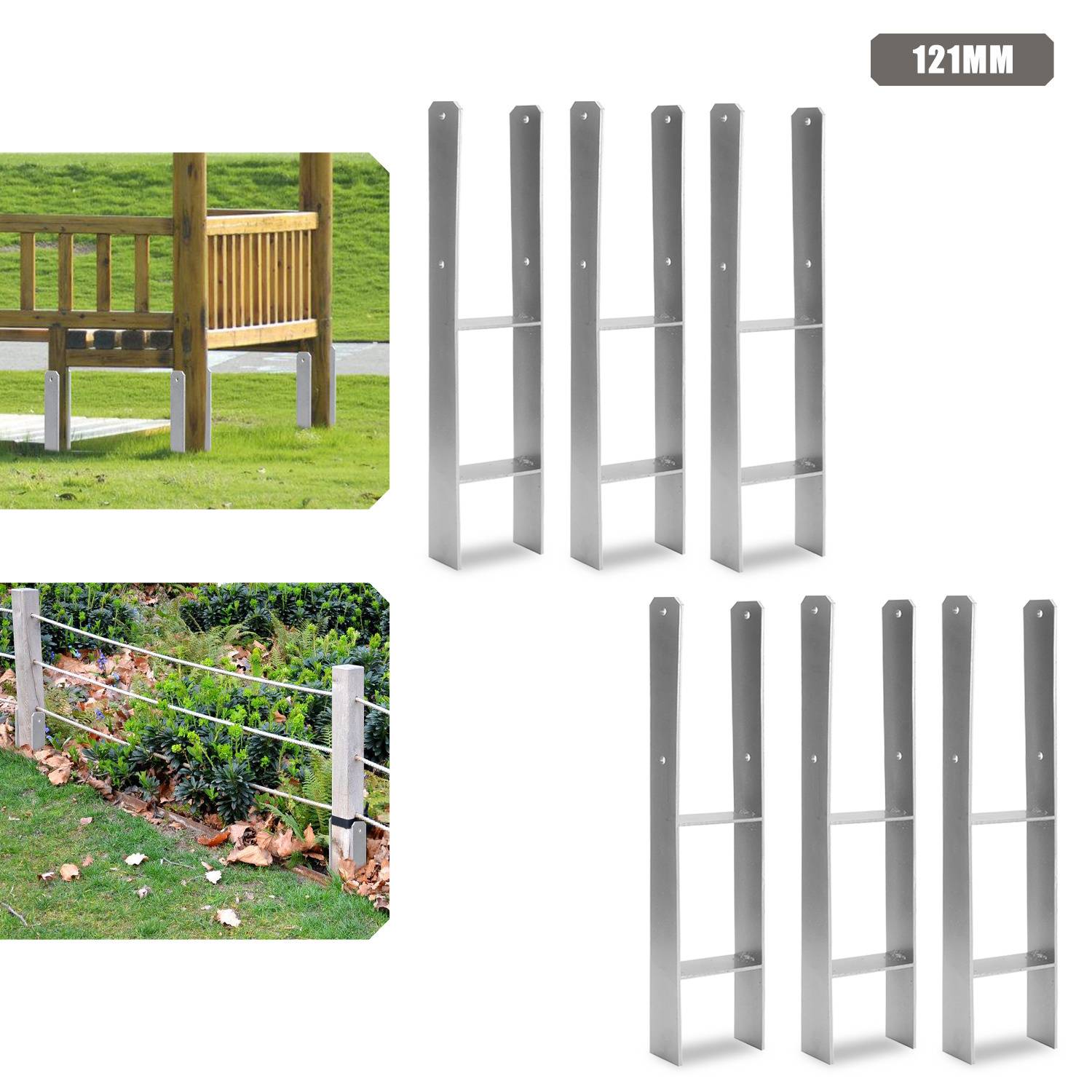 121-mm-Edelstahl-Zaunpfähle werden in zwei Fotos dargestellt. Das erste zeigt einen Holzzaun mit ähnlichen Pfosten; das zweite präsentiert einen Gartenzaun.