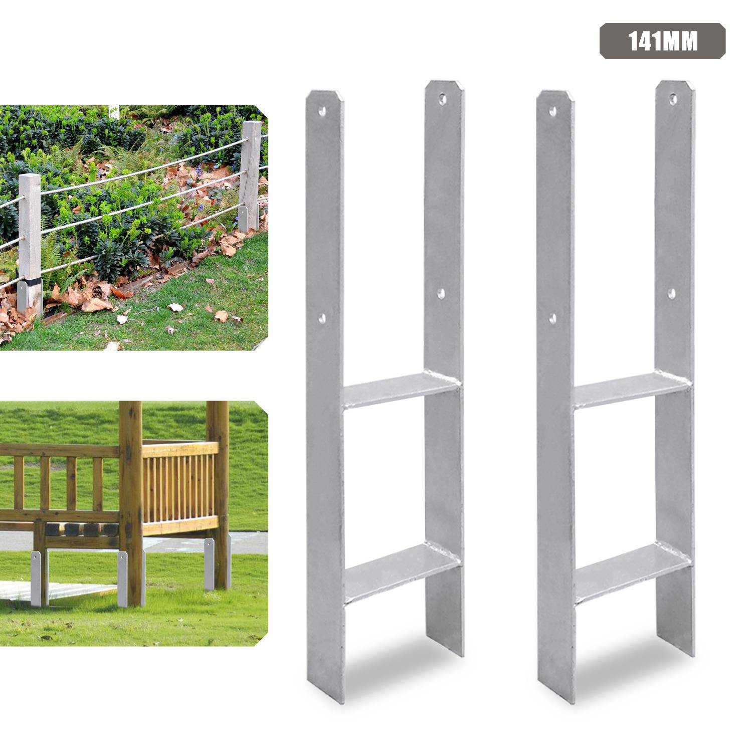 Zwei Metallklammern mit Schlitzen zur Befestigung, die neben einem Gartenzaun und einer Holzbank gezeigt werden, um Größe und Verwendungszweck zu veranschaulichen.