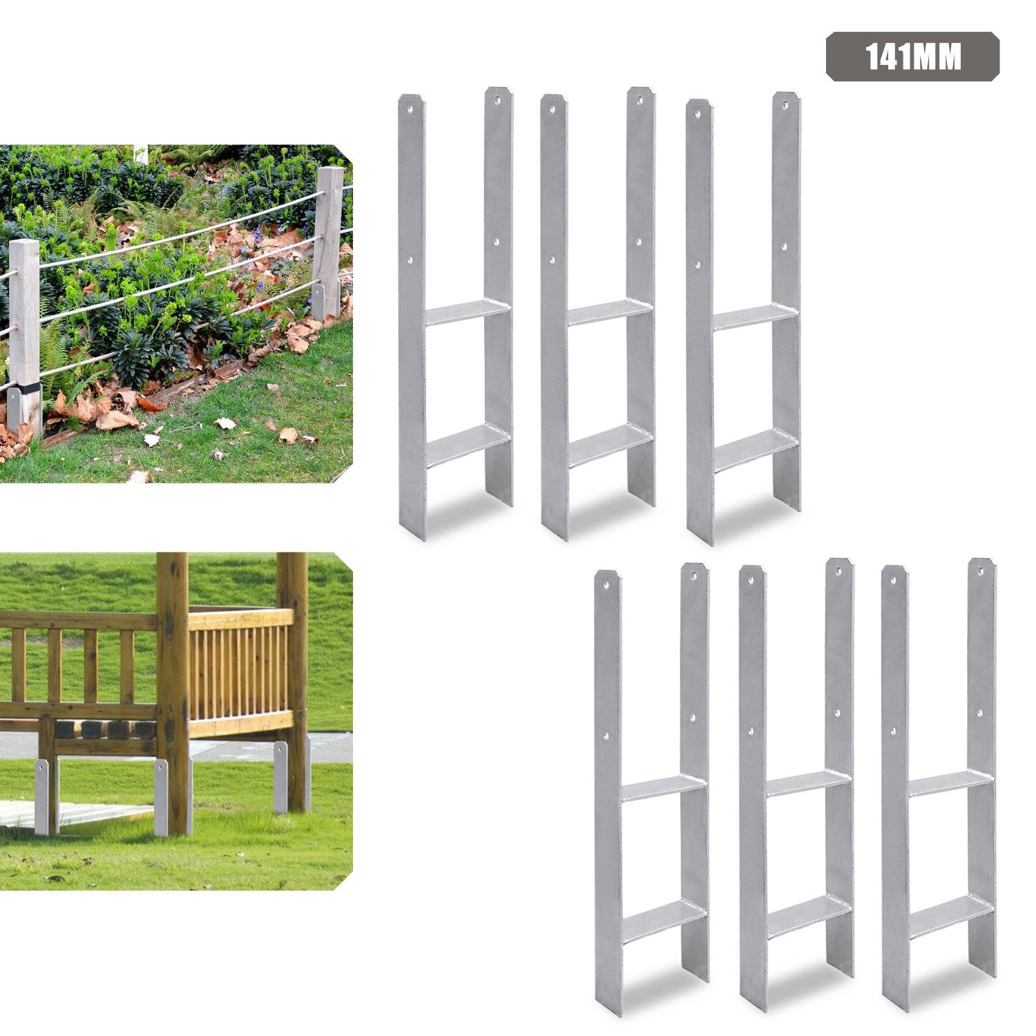 141MM' Metallzaunhalterungen in zwei verschiedenen Anwendungen: zur Unterstützung eines Holzzauns und einer Drahtgartenbegrenzung.
