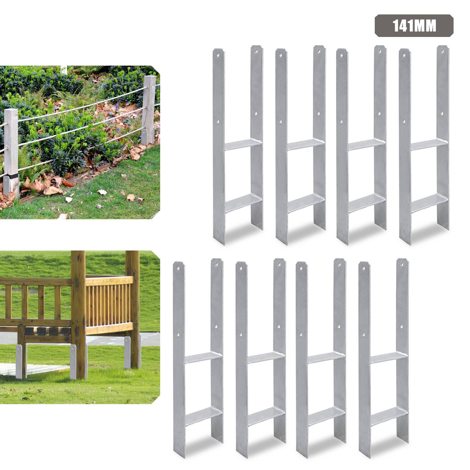 Das Bild zeigt einen Metallpfostenhalter mit Maßangaben, der nützlich ist zum Befestigen von Holzpfosten in Außenbereichen wie Gärten oder Zäunen.