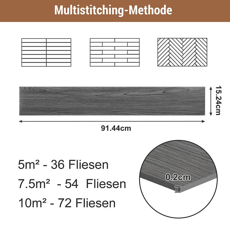 Multistitching-Methode' Diagramm mit Mustern. Zeigt Holzfliese mit Maßen 91,44 cm x 15,24 cm. Enthält Flächenabdeckung: 5m²-36, 7,5m²-54, 10m²-72.