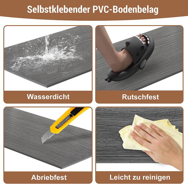 Das Bild zeigt einen selbstklebenden PVC-Bodenbelag mit den Merkmalen: ‚Wasserdicht', ‚Rutschfest', ‚Abriebfest' und ‚Leicht zu reinigen'.