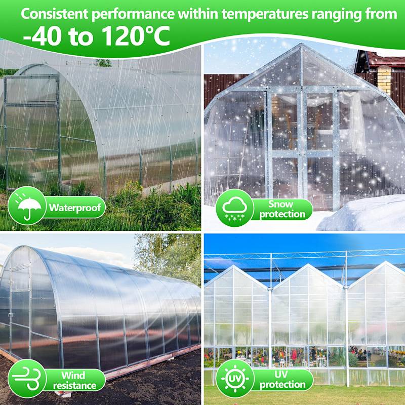 Bild zeigt verschiedene Gewächshäuser, die Schutz gegen Wasser, Schnee, Wind und UV-Strahlen demonstrieren. Text lautet: 