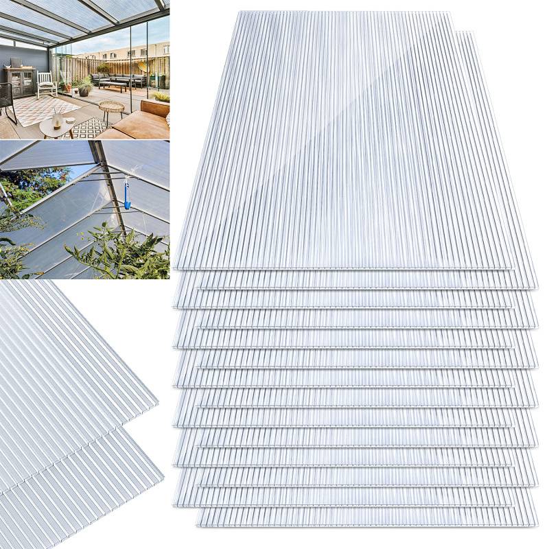 Polycarbonatplatten, gestapelt und mit Nahaufnahmen, die ihre Verwendung in einem Gewächshaus und auf einer Terrasse zeigen, wobei Transparenz und Haltbarkeit hervorgehoben werden.