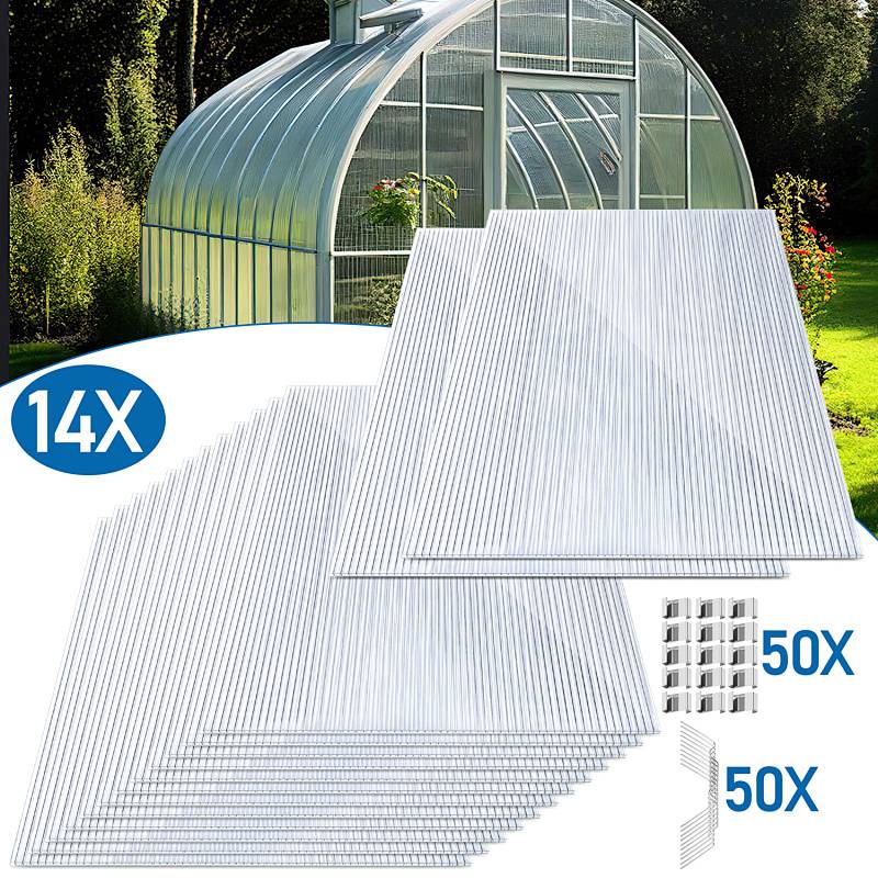 Paket mit 14 Polykarbonatplatten für Gewächshäuser, dargestellt mit einem Gewächshaus in einer sonnigen Gartenumgebung, inklusive 50 Verbindern.