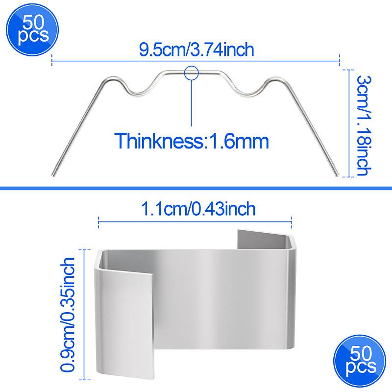 50 Stück' Metallklammern mit Maßen: 9,5 cm Breite, 3 cm Höhe, 1,6 mm Dicke, 1,1 cm Haken-Breite, 0,9 cm Haken-Höhe.