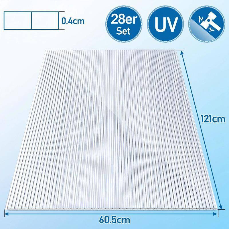 UV-beständiges 28-teiliges Set aus Polycarbonatplatten, jede mit Maßen von 60,5 cm x 121 cm, 0,4 cm dick.