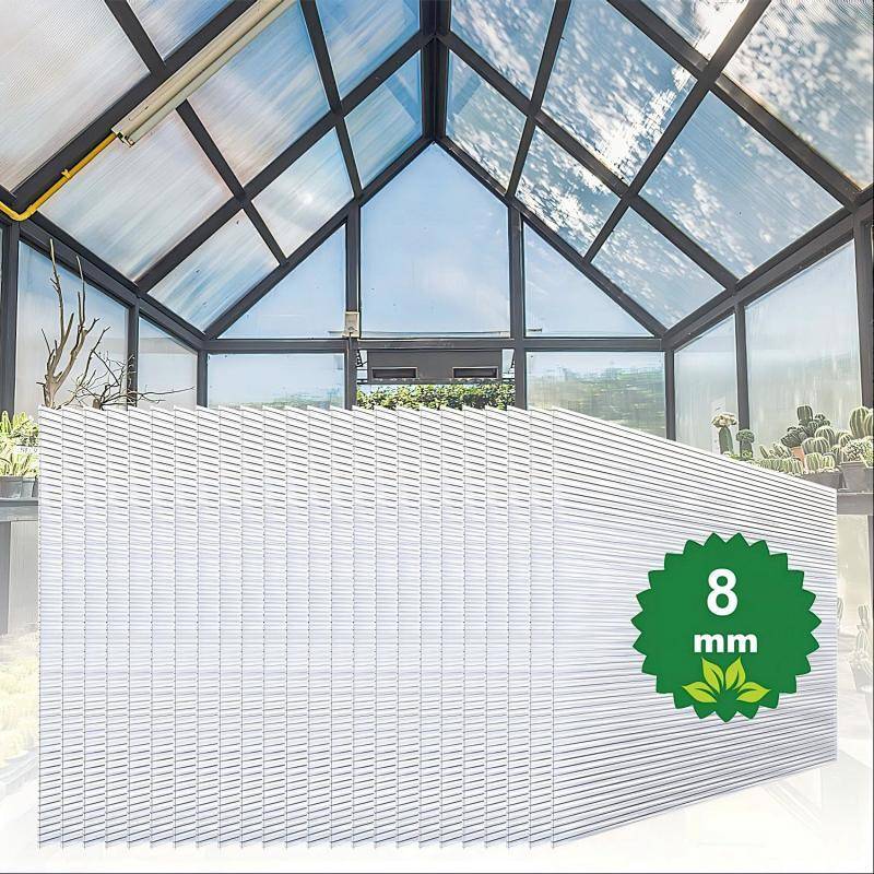 Gewächshaus mit transparenten Polycarbonatplatten hervorgehoben; 8 mm Dicke vermerkt. Heller Innenraum mit sichtbaren Kakteen und Himmel.