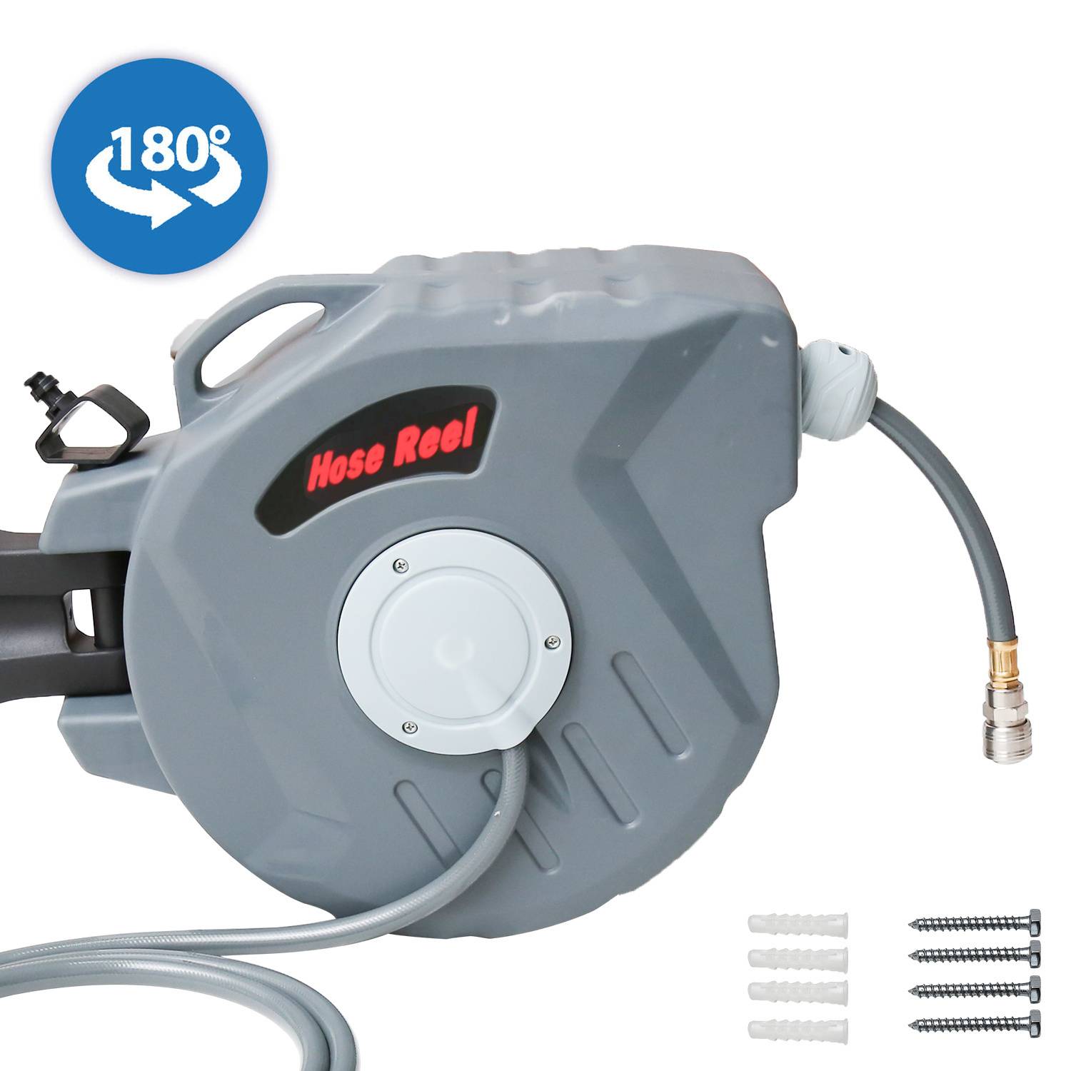 Eine graue einziehbare Gartenschlauchrolle mit Wandbefestigungsfunktion, beschriftet mit 'Schlauchrolle', beinhaltet einen Schwenkarm und Installationszubehör.