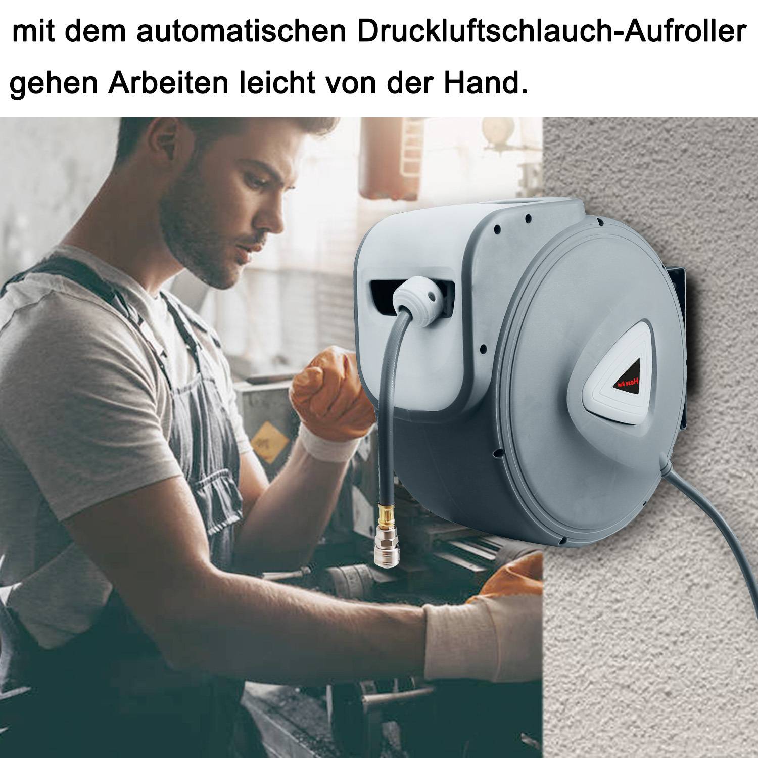 Ein Mann in Arbeitskleidung bedient Maschinen neben einer automatischen Druckluftschlauchrolle, die an einer Wand montiert ist. Der Text betont die Benutzerfreundlichkeit.