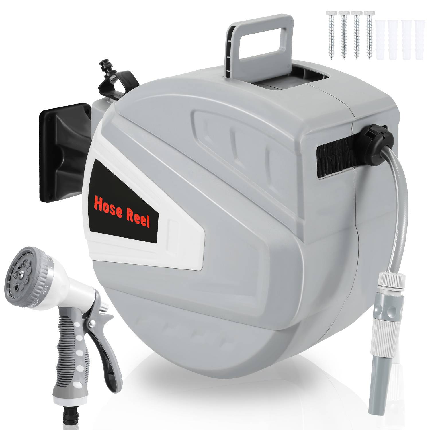 Automatisches Schlauchtrommel-System mit grauem Gehäuse. Inklusive Sprühbrause, Wandhalterung und Schrauben. Entwickelt für praktische Gartenanwendungen.