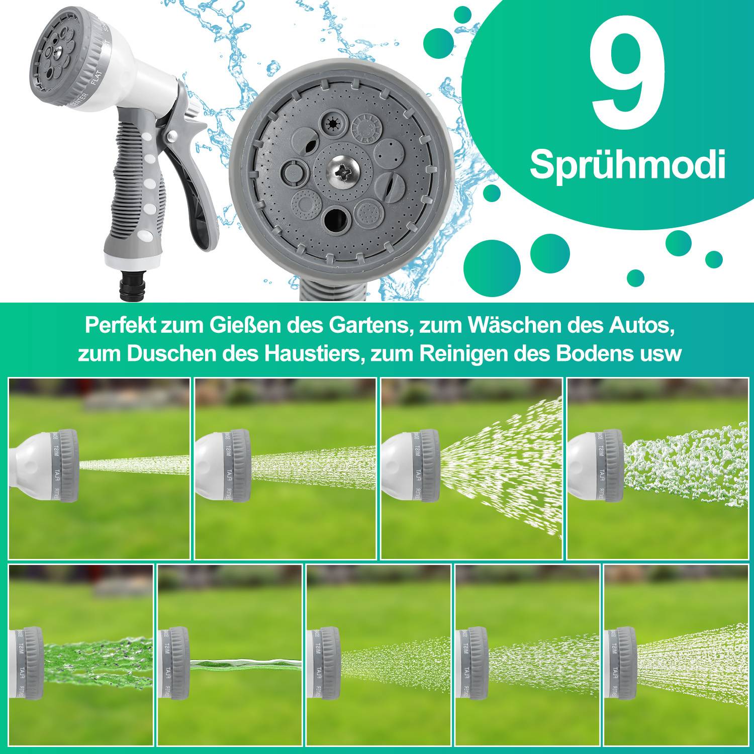 9 Sprühmodi' Gartenschlauchbrause mit verschiedenen Sprüheinstellungen. Ideal zum Gießen des Gartens, Autowaschen, Reinigen von Böden usw.
