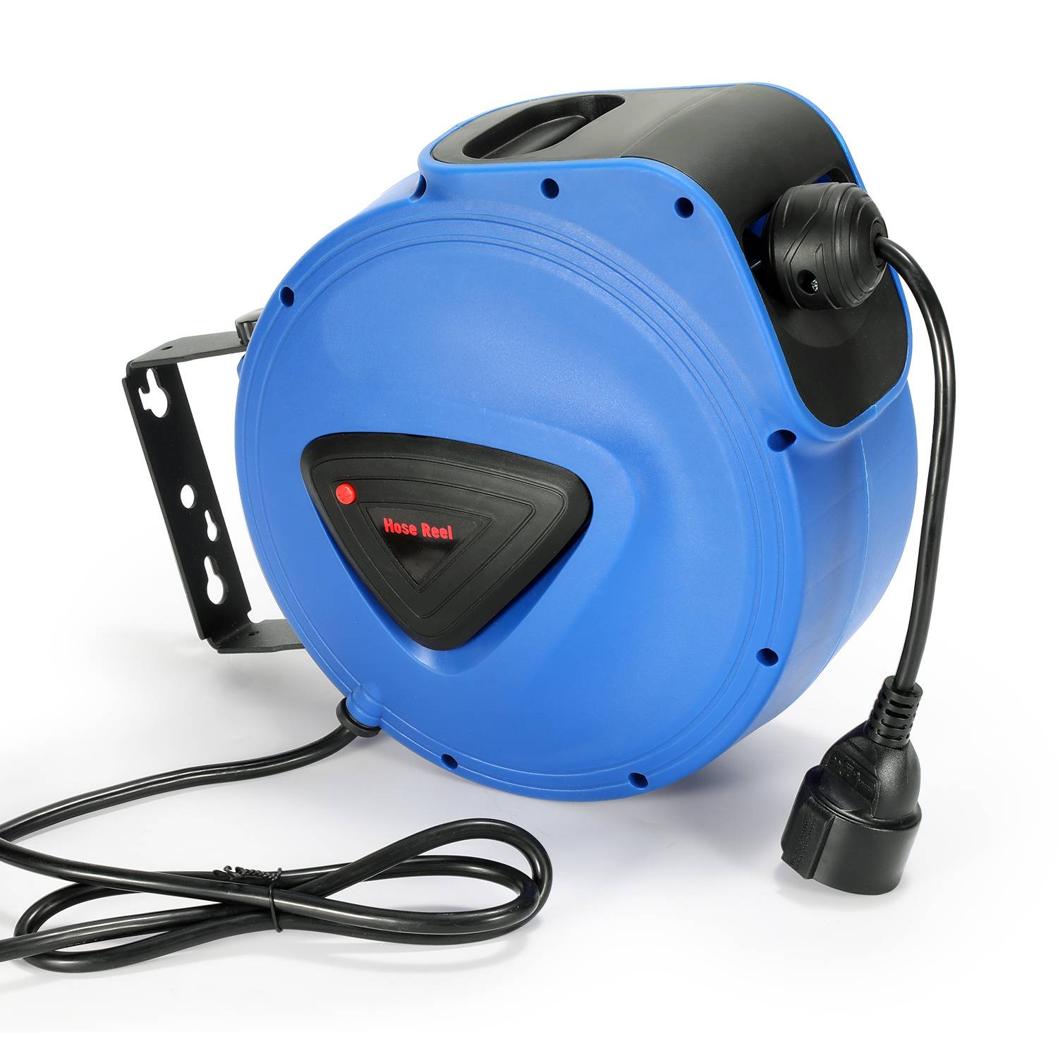 Eine einziehbare blaue Schlauchtrommel mit einem schwarzen Kabel, das ausgefahren ist und an einem Halterung montiert ist. Die rote Beschriftung liest sich 