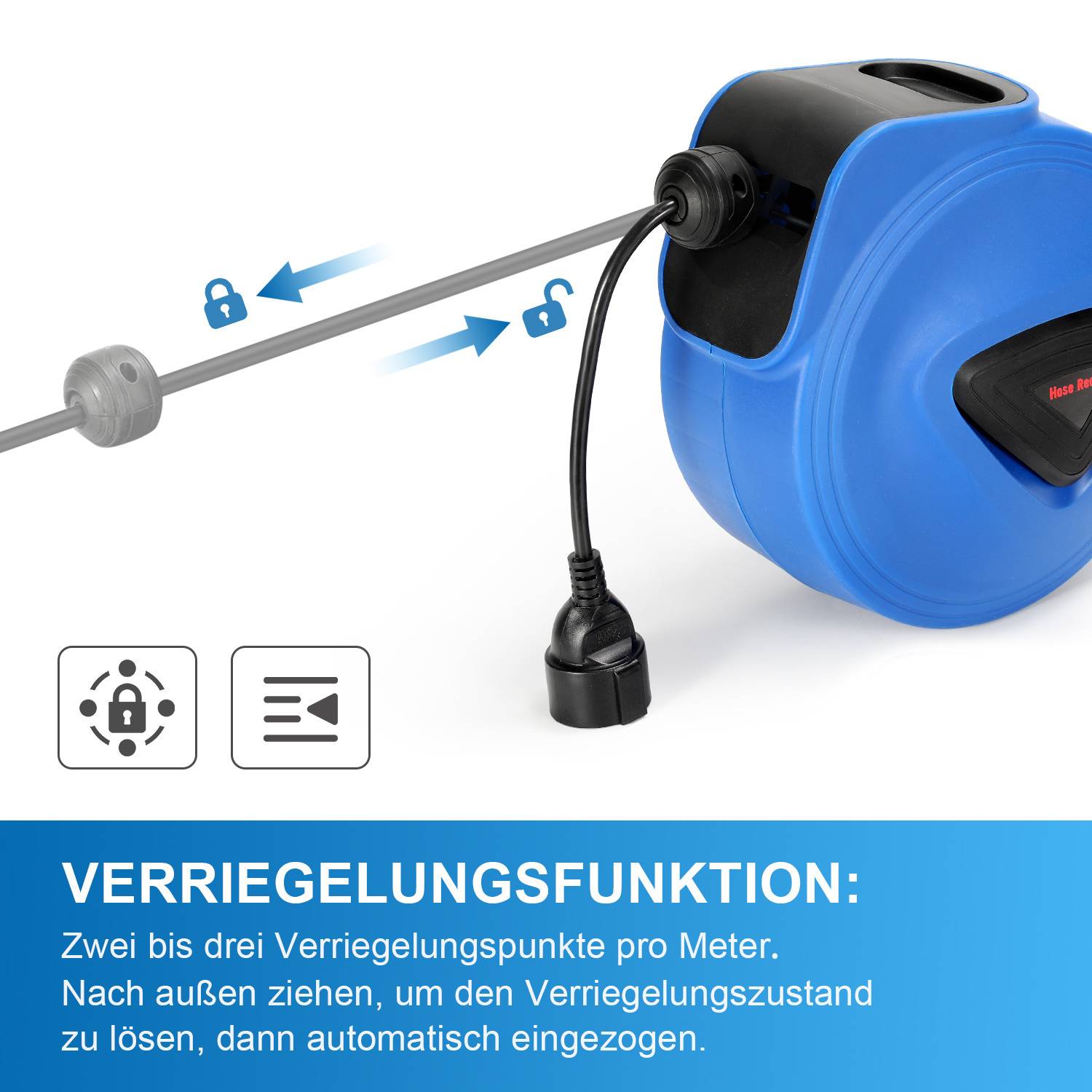 Max Hold' einziehbare Verlängerungskabel-Trommel mit Arretierungsfunktion. Blaues Gehäuse und schwarzes Kabel. Bedienungssymbole und Text auf Deutsch erläutern die Verwendung.