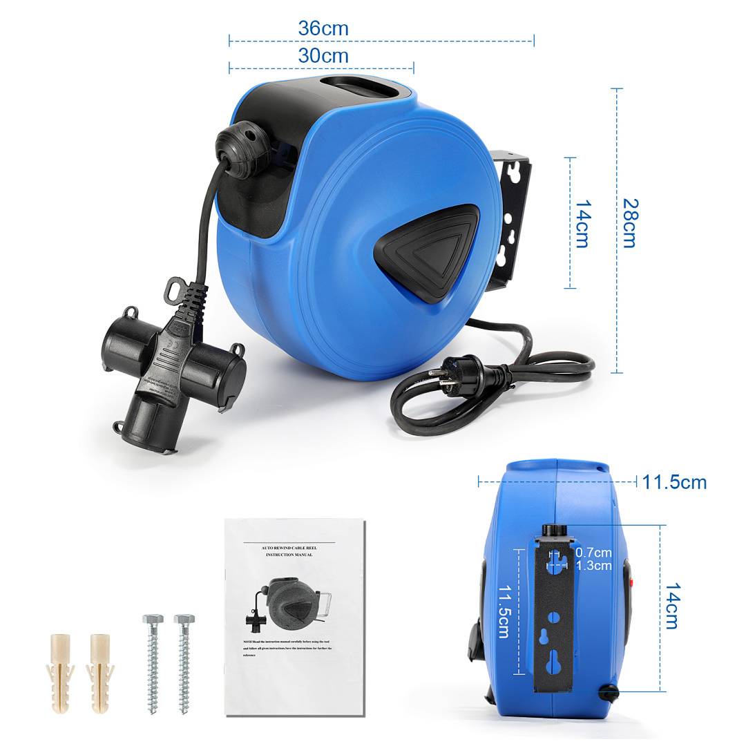 Automatische Schlauchtrommel, blau und schwarz, Abmessungen 36x30x28 cm. Inklusive: Schrauben, Dübel, Wandhalterung. Kabellänge 11,5 m.
