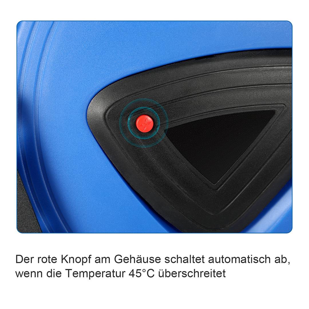 Ein Nahaufnahme eines roten Knopfes auf einem schwarz-blauen Gerätepanel. Der Text darunter besagt: „Der rote Knopf am Gehäuse schaltet automatisch ab, wenn die Temperatur 45°C überschreitet.