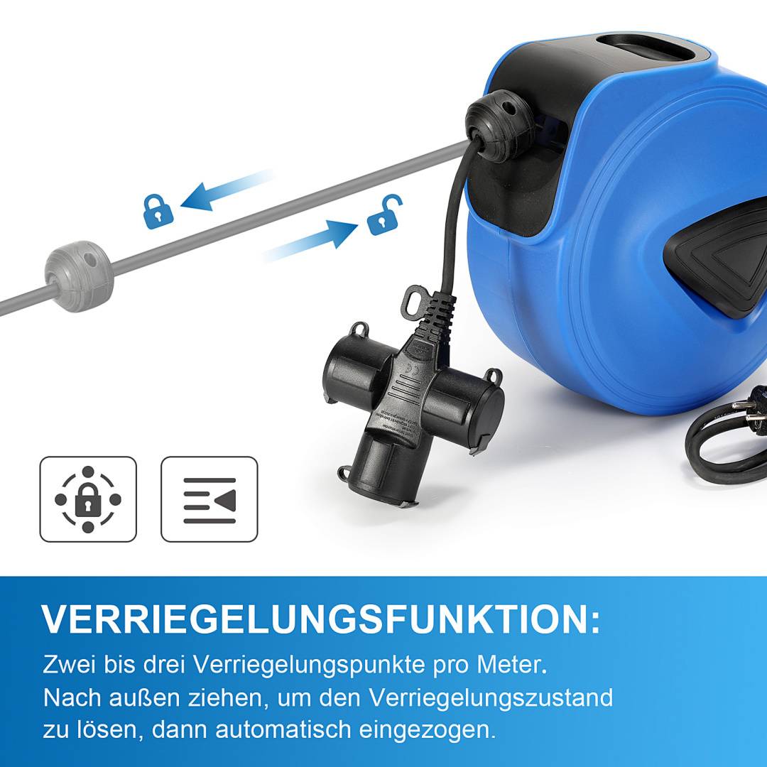 Eine blaue einziehbare Hundeleine mit einer Arretierungsfunktion wird gezeigt. Eine Illustration veranschaulicht, wie die Sperre zu bedienen ist, mit Symbolen und Pfeilen.