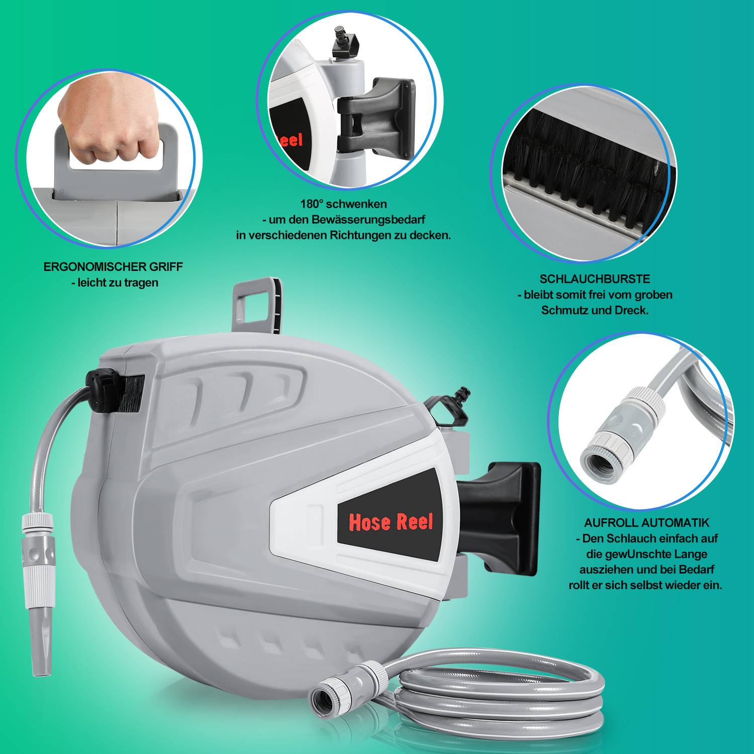 Schlauchhalter: Wandmontiert, ergonomischer Griff, 180° Schwenkfunktion für vielseitige Verwendung. Inklusive Schlauchreinigungsbürste und automatischer Einzugsfunktion.