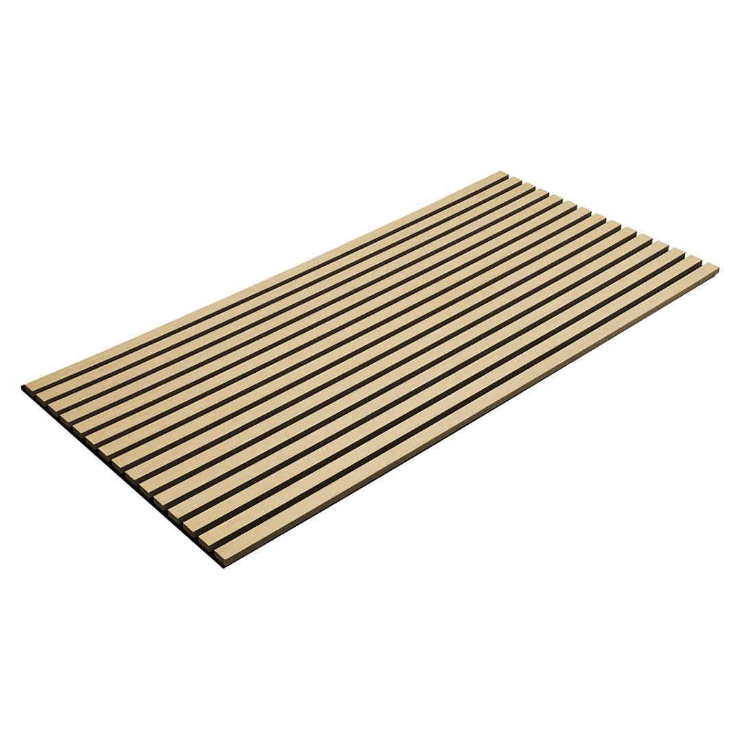 Ein Holzlamellenpaneel mit gleichmäßig verteilten schwarzen Streifen, verwendet für Wand- oder Deckengestaltung.