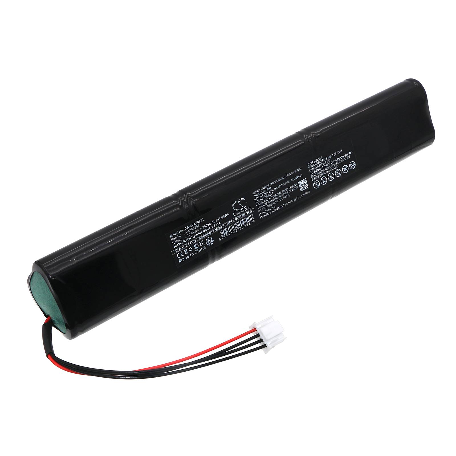 Eine schwarze zylindrische Batterie mit Spezifikationsangaben, ausgestattet mit einem weißen Steckergehäuse mit roten und schwarzen Kabeln, vor einem neutralen Hintergrund.
