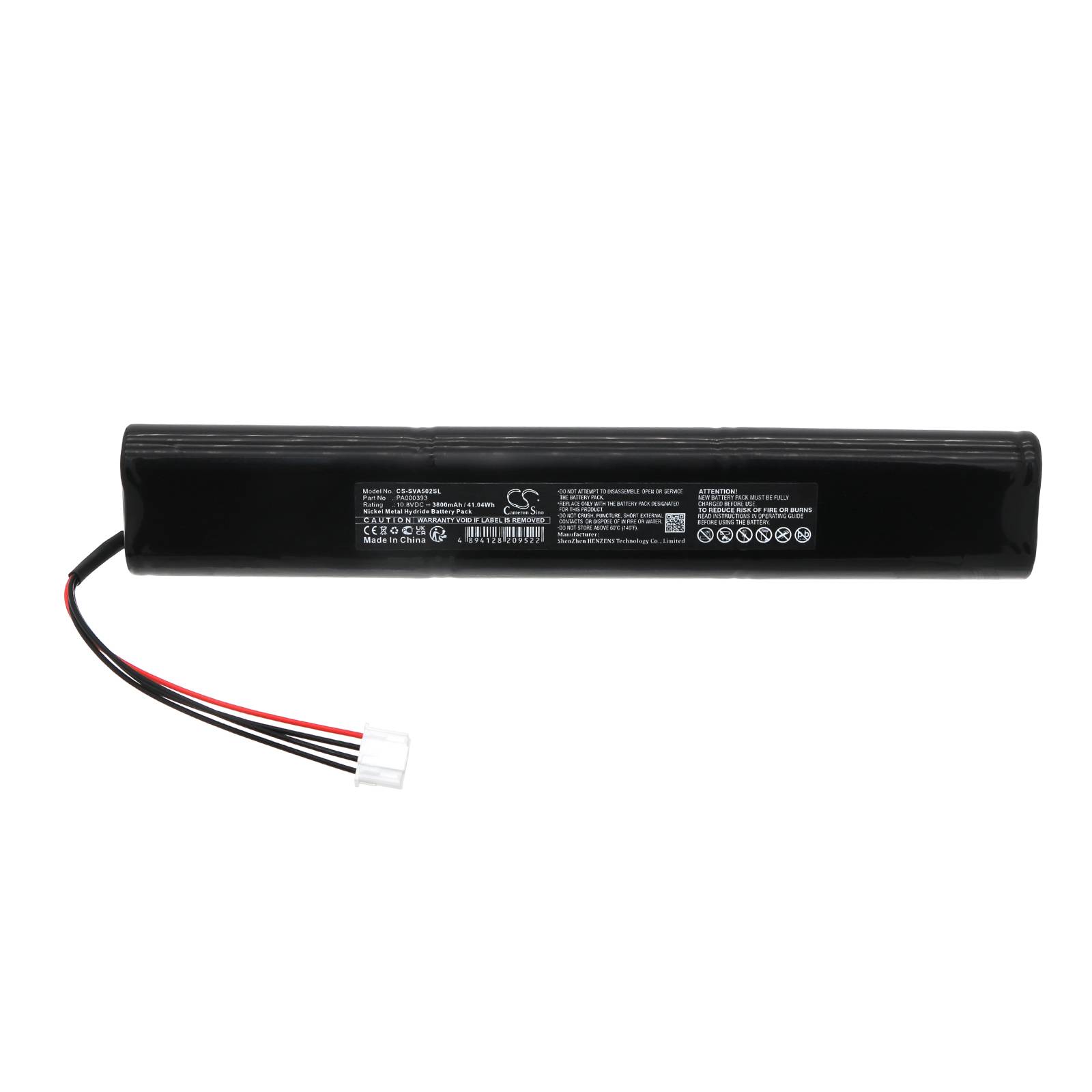 Eine schwarze zylindrische Batterie mit einem weißen Etikett, das technische Spezifikationen zeigt. Zwei rot-schwarze Kabel ragen aus einem Ende heraus.